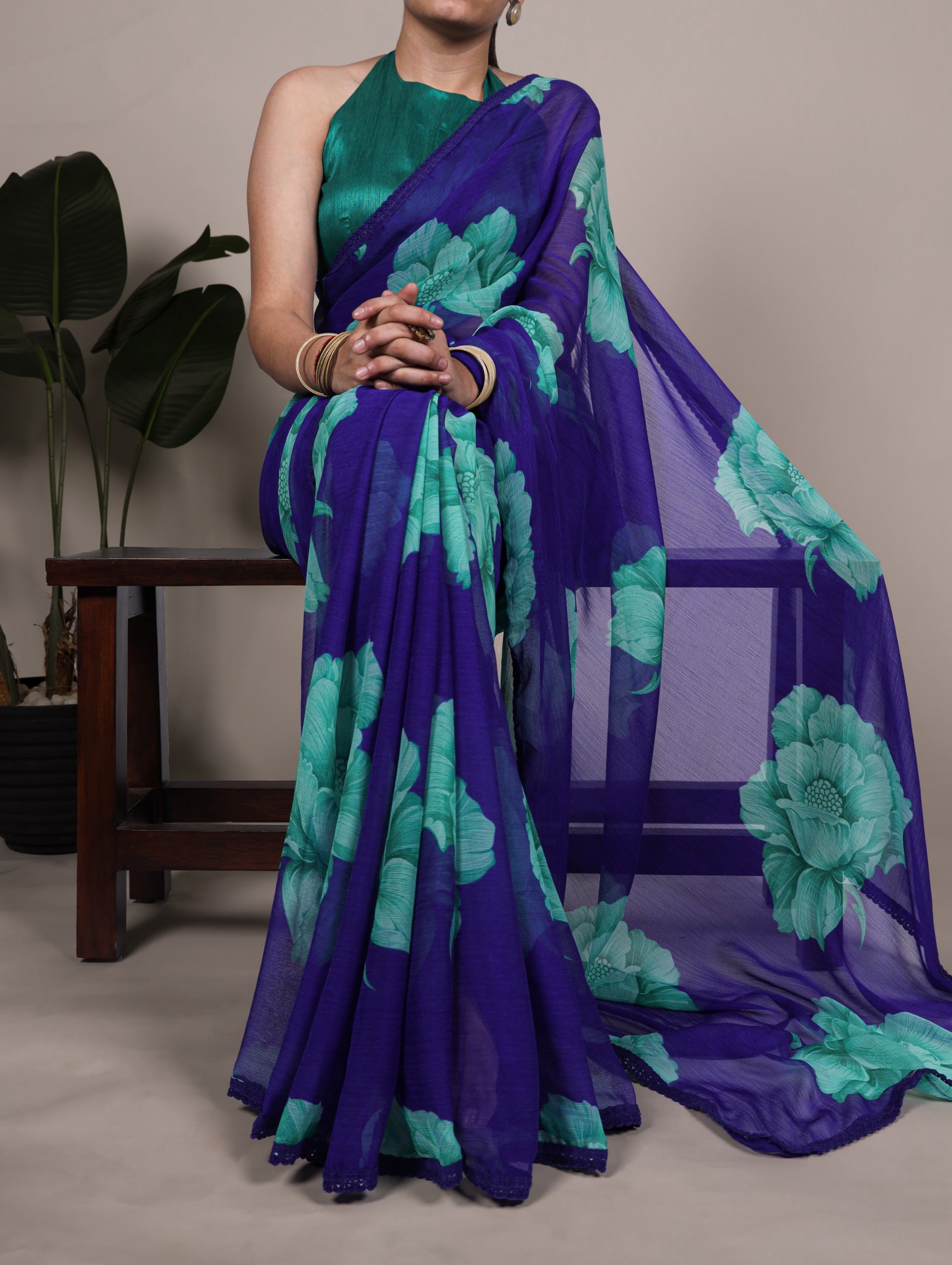 Floral Print Chiffon Saree with Lace Border & Banglory Blouse