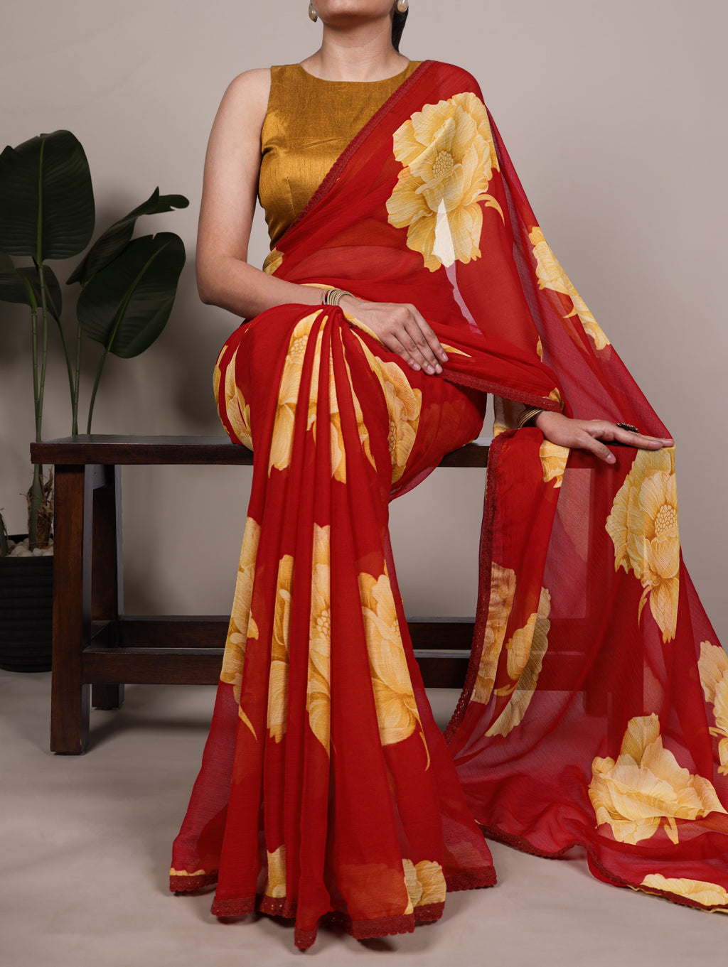 Floral Print Chiffon Saree with Lace Border & Banglory Blouse