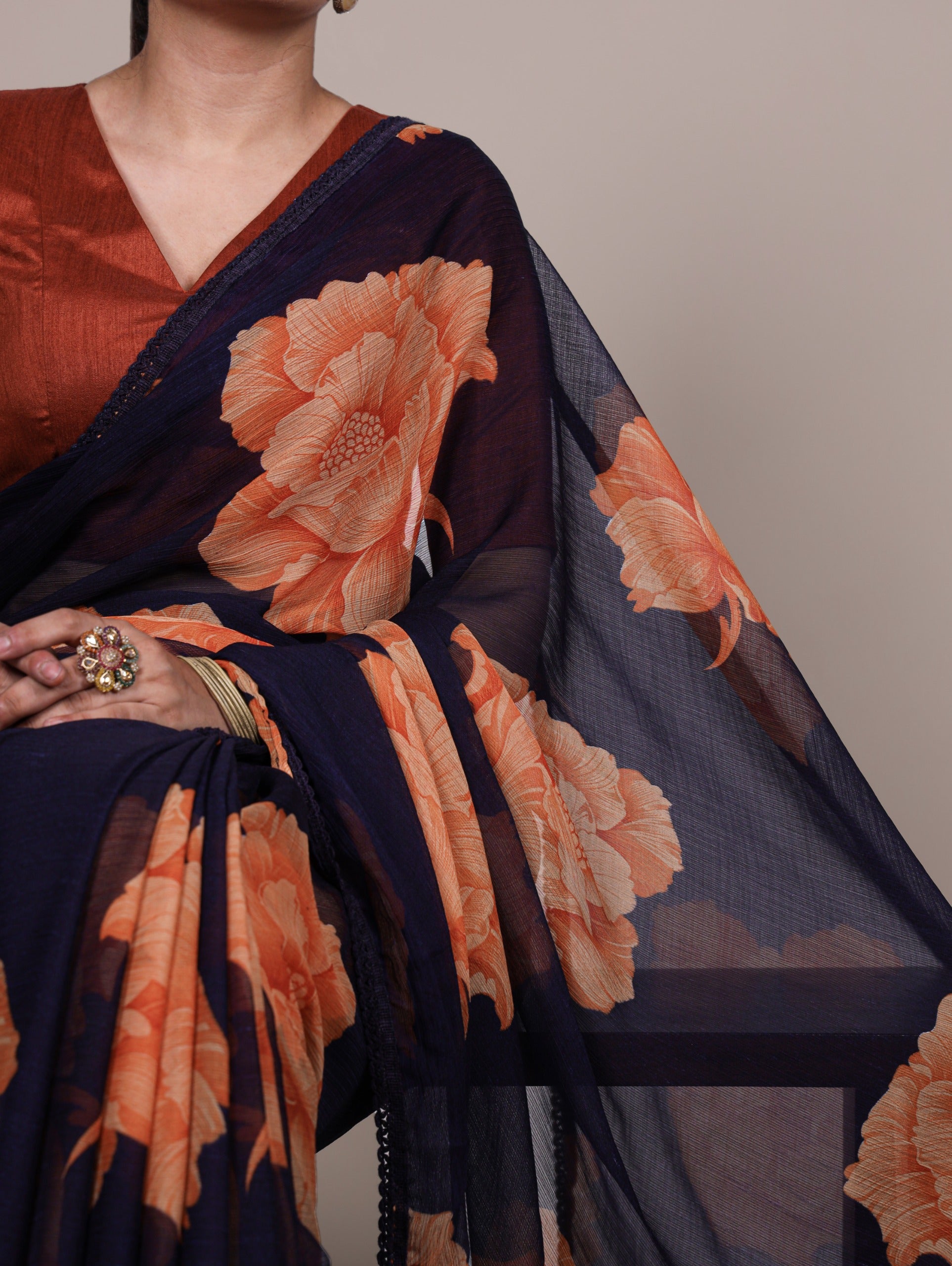 Floral Print Chiffon Saree with Lace Border & Banglory Blouse