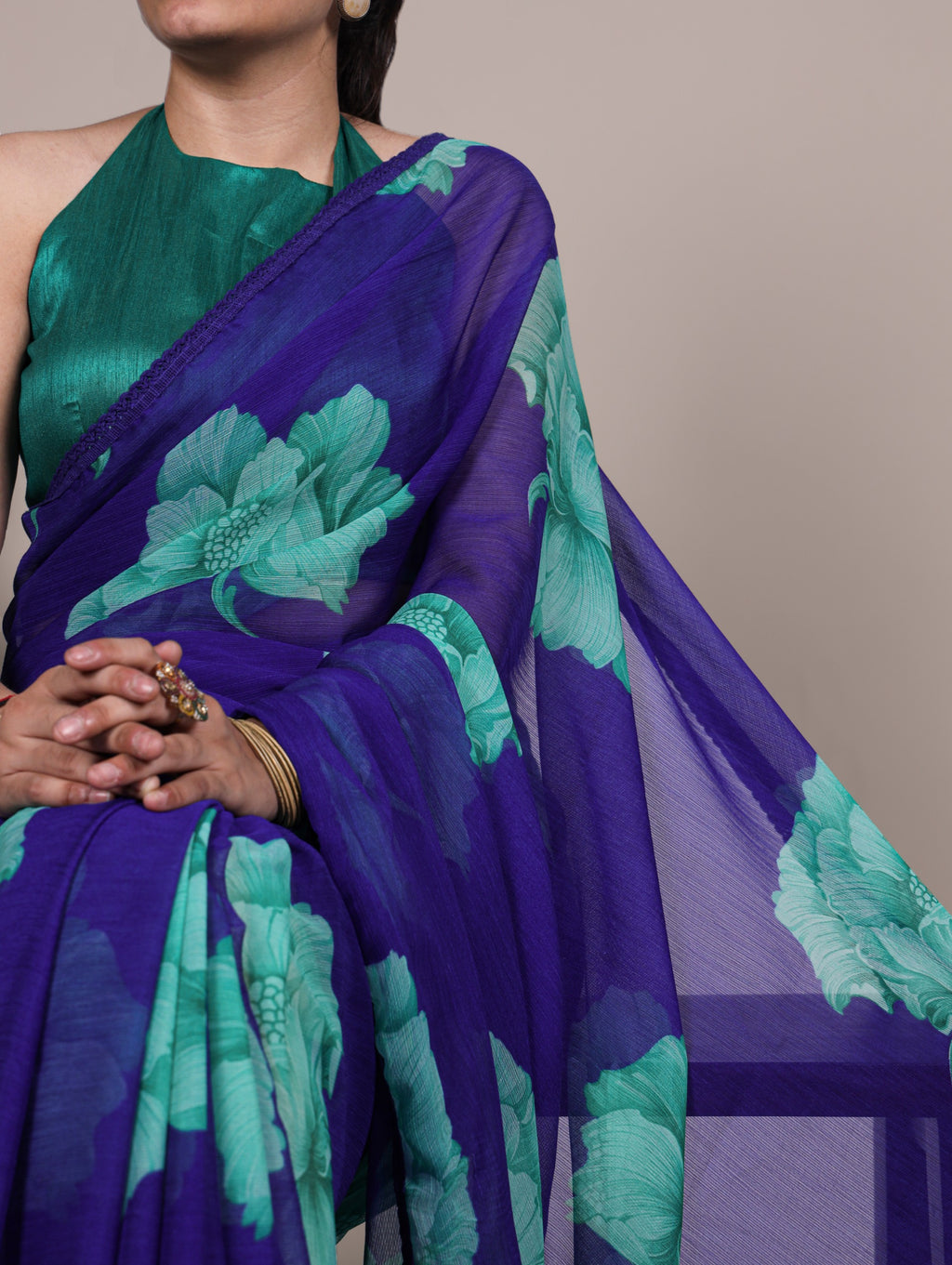 Floral Print Chiffon Saree with Lace Border & Banglory Blouse