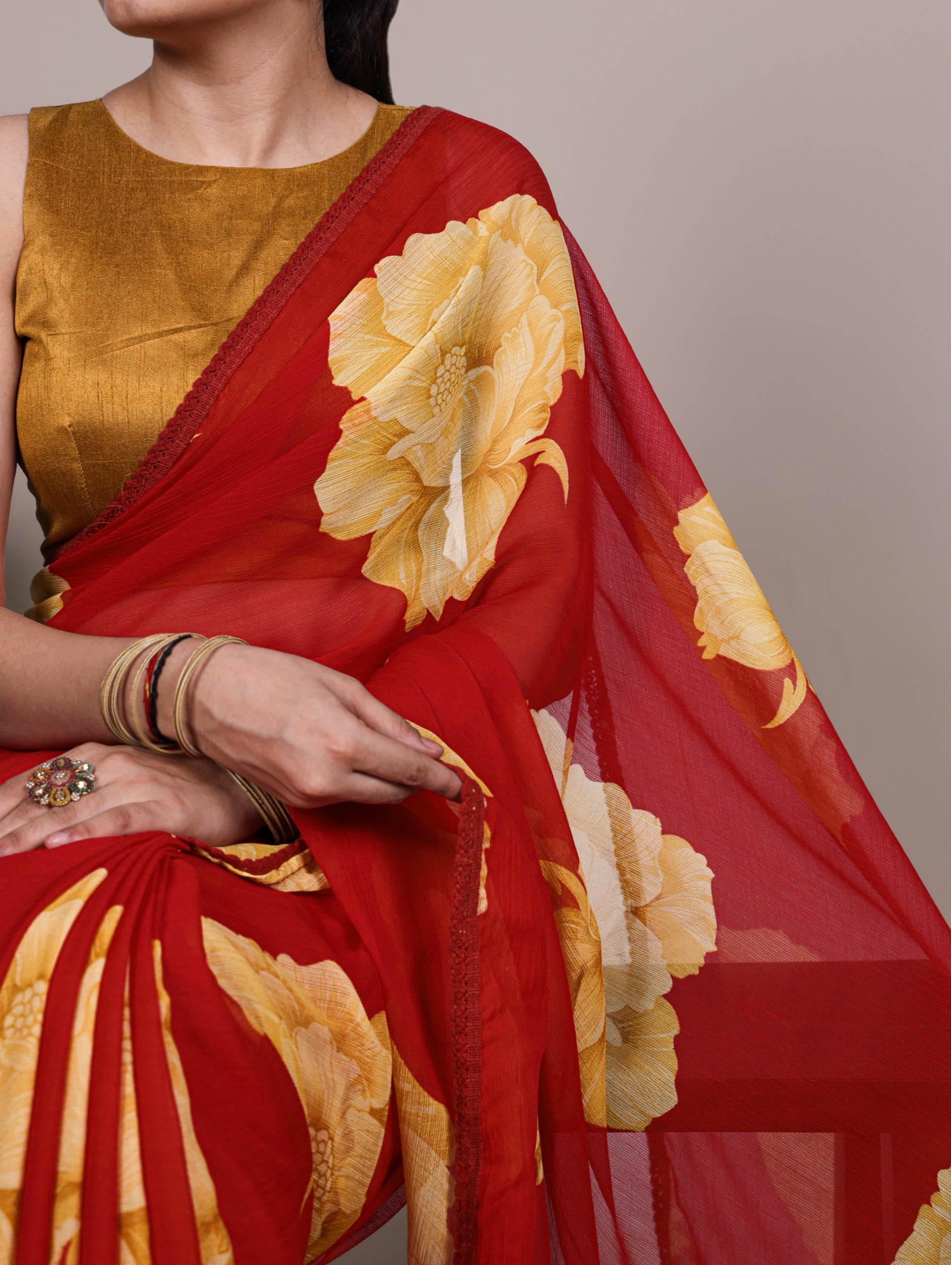 Floral Print Chiffon Saree with Lace Border & Banglory Blouse