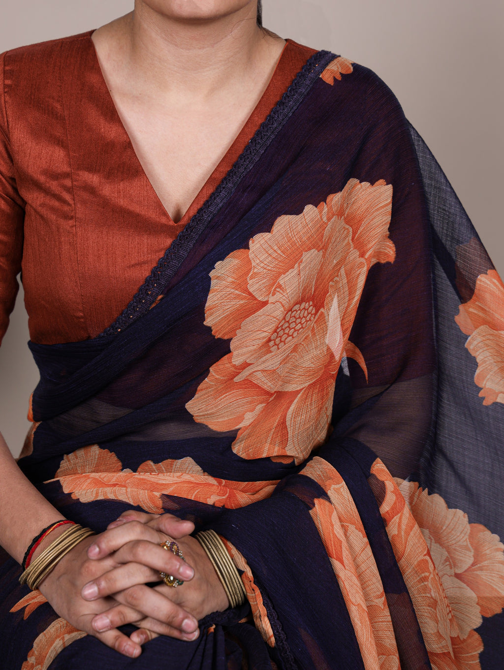 Floral Print Chiffon Saree with Lace Border & Banglory Blouse
