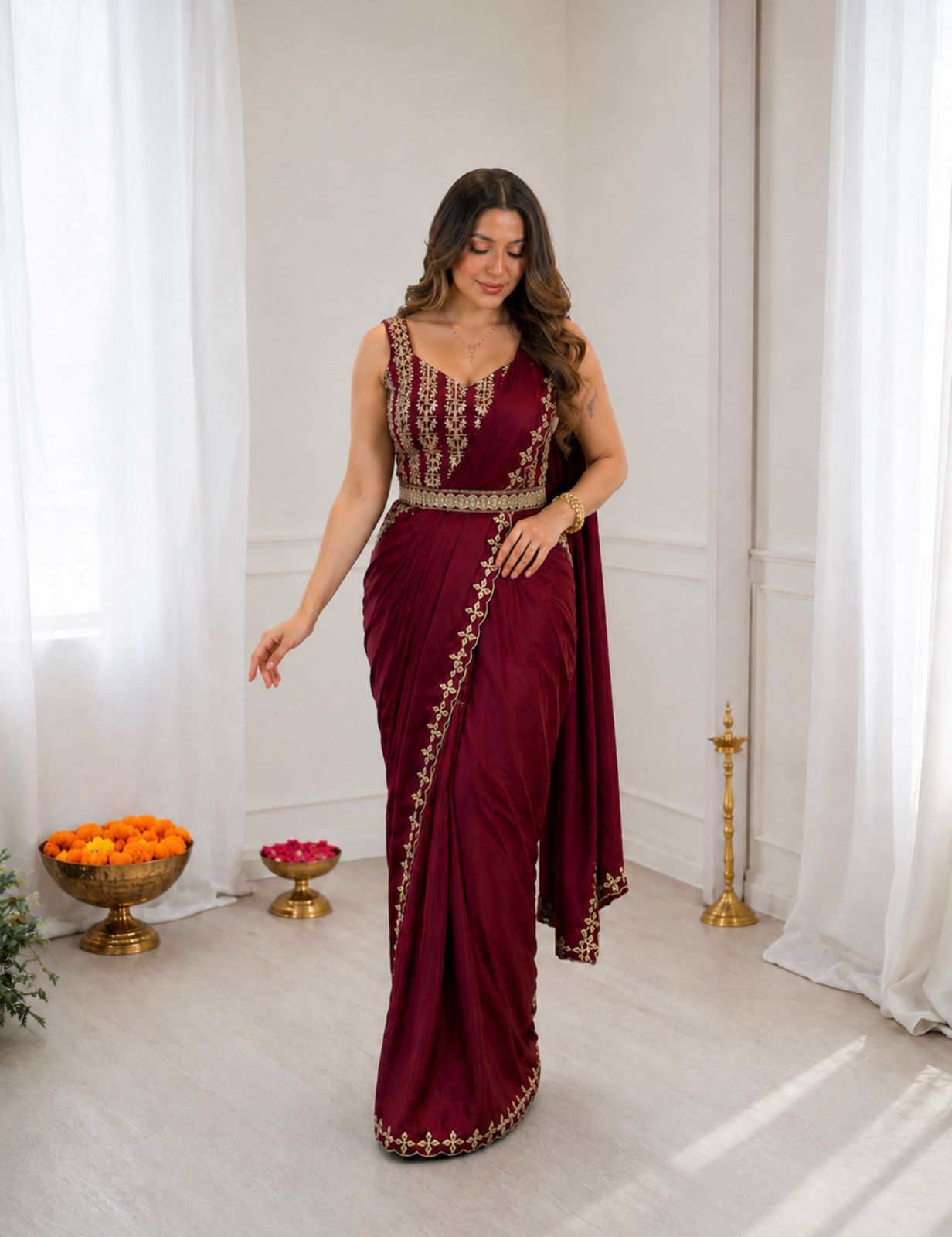 BB-74 Heavy Crepe Silk Ready-to-Wear Saree with Embroidered Blouse & Belt