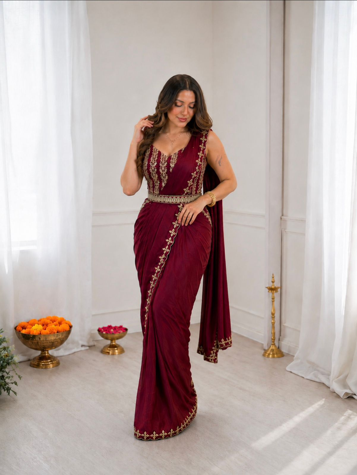 BB-74 Heavy Crepe Silk Ready-to-Wear Saree with Embroidered Blouse & Belt