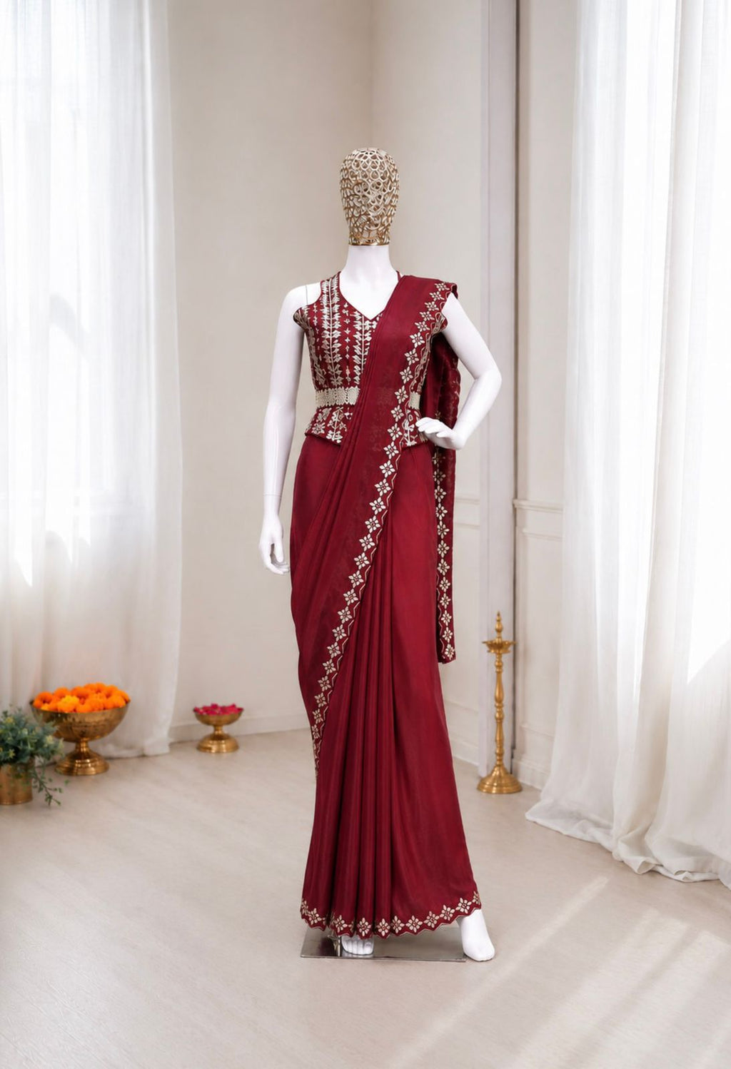 BB-74 Heavy Crepe Silk Ready-to-Wear Saree with Embroidered Blouse & Belt