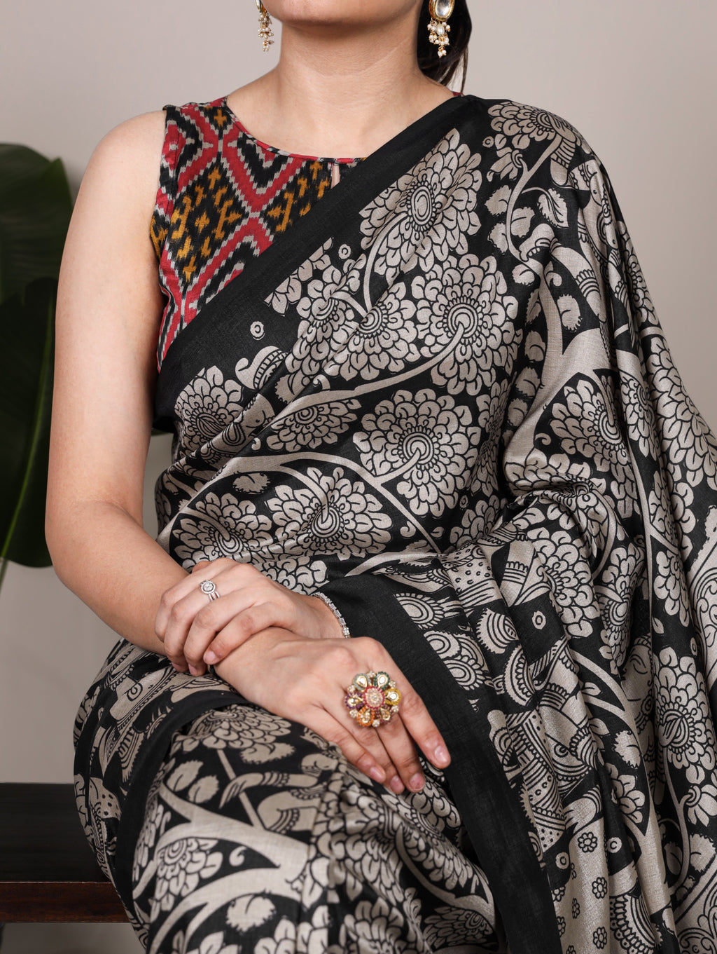 VIRANSHI-02 Tasar Silk Kalamkari Print Saree with Ikkat Print Blouse