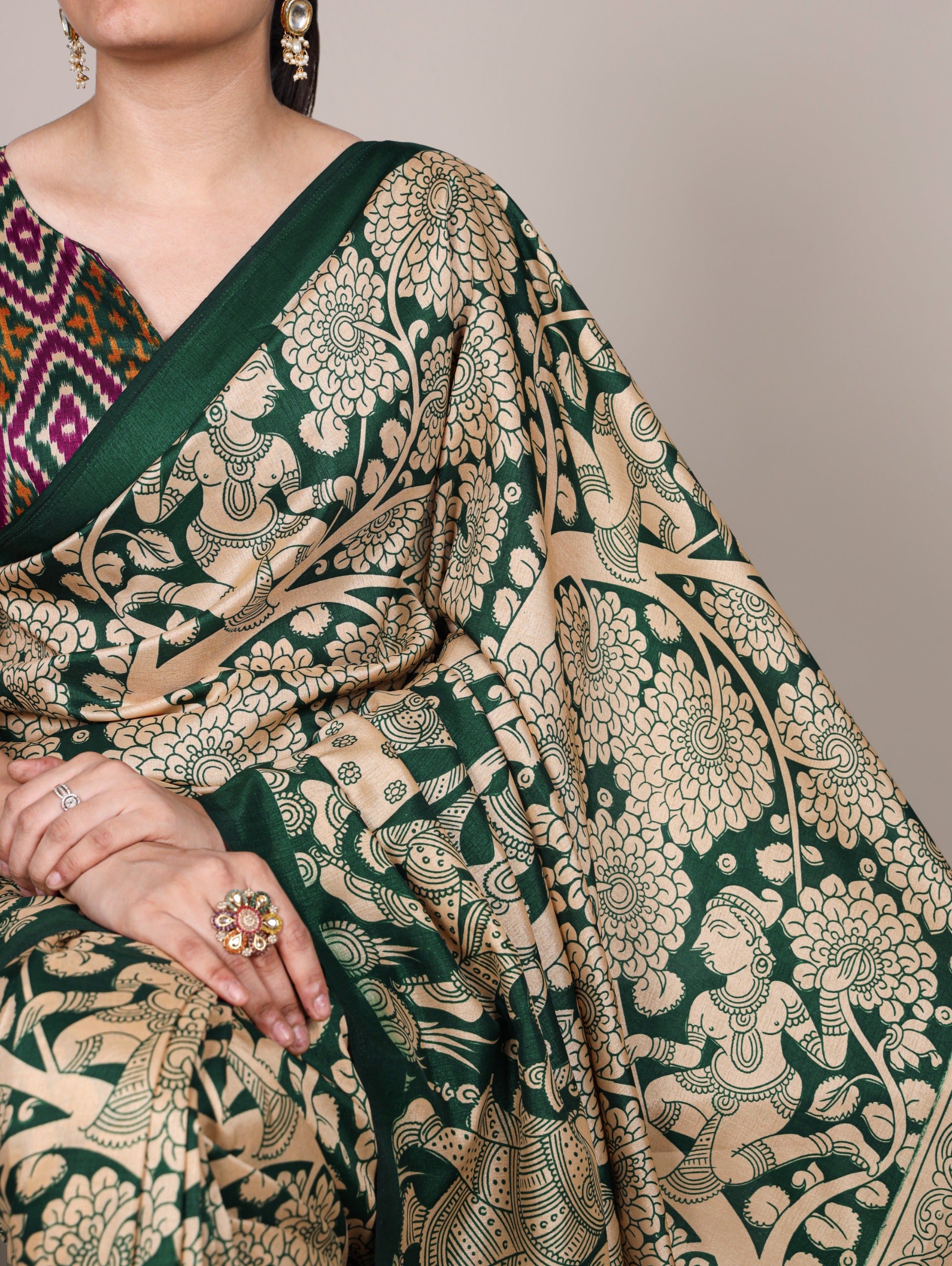 VIRANSHI-02 Tasar Silk Kalamkari Print Saree with Ikkat Print Blouse