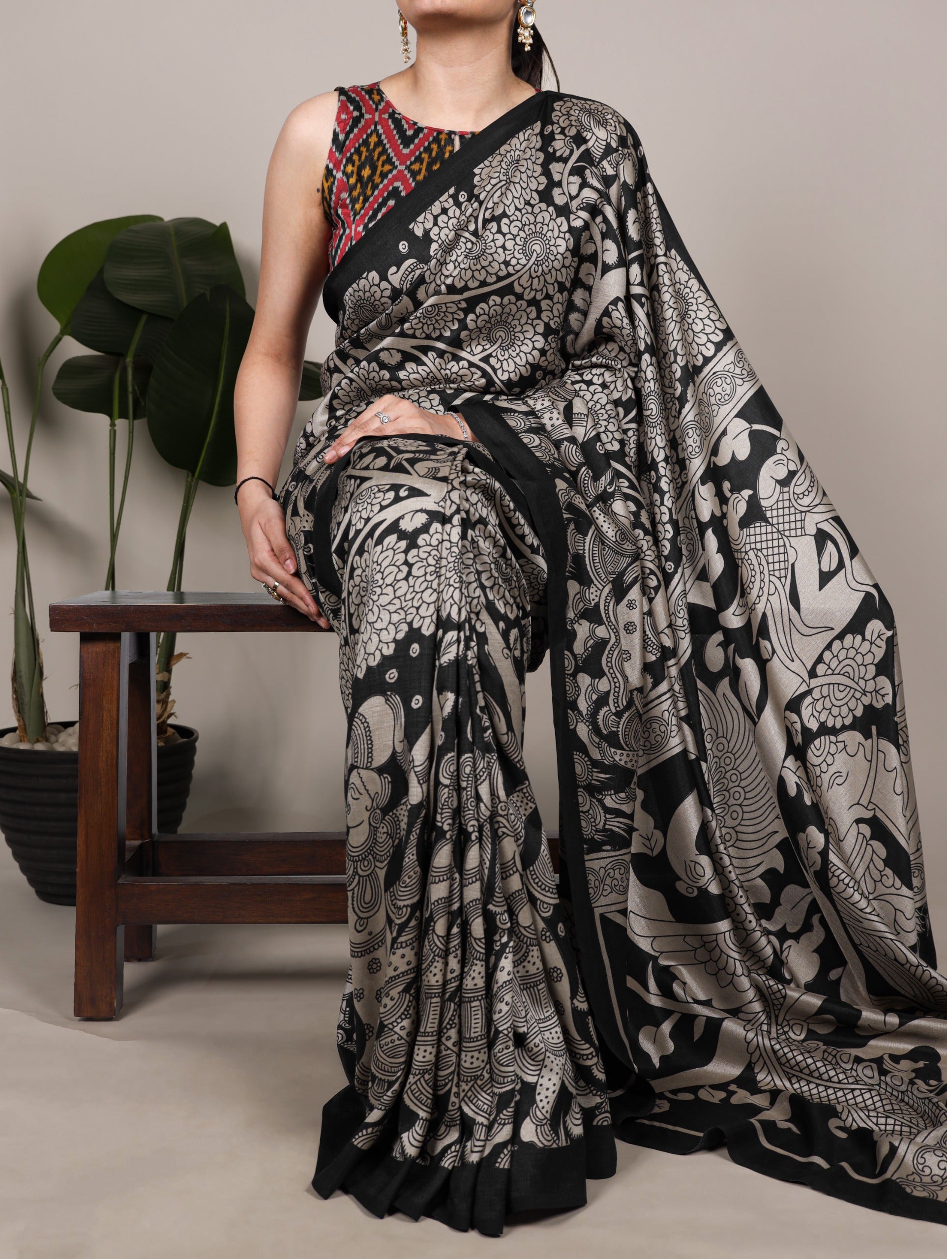 VIRANSHI-02 Tasar Silk Kalamkari Print Saree with Ikkat Print Blouse