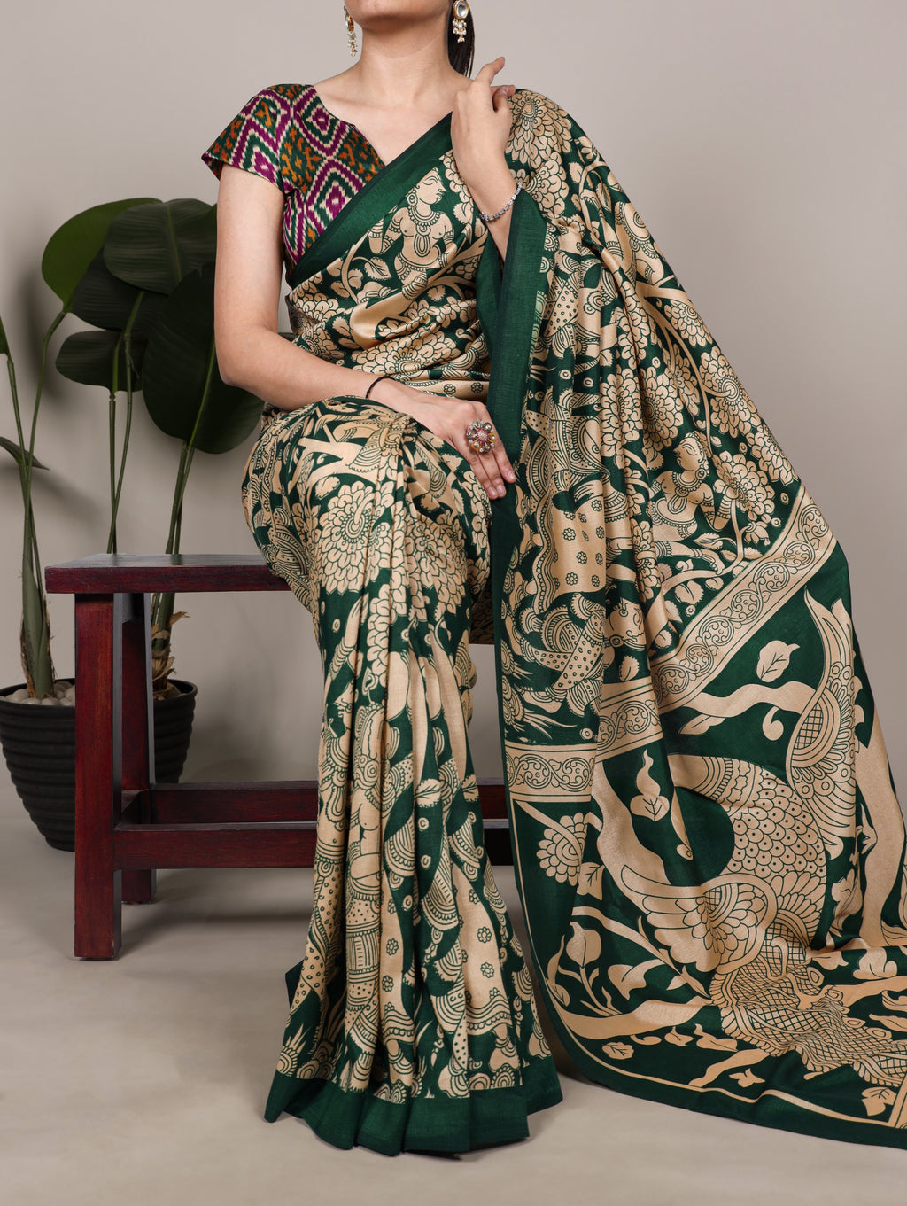 VIRANSHI-02 Tasar Silk Kalamkari Print Saree with Ikkat Print Blouse