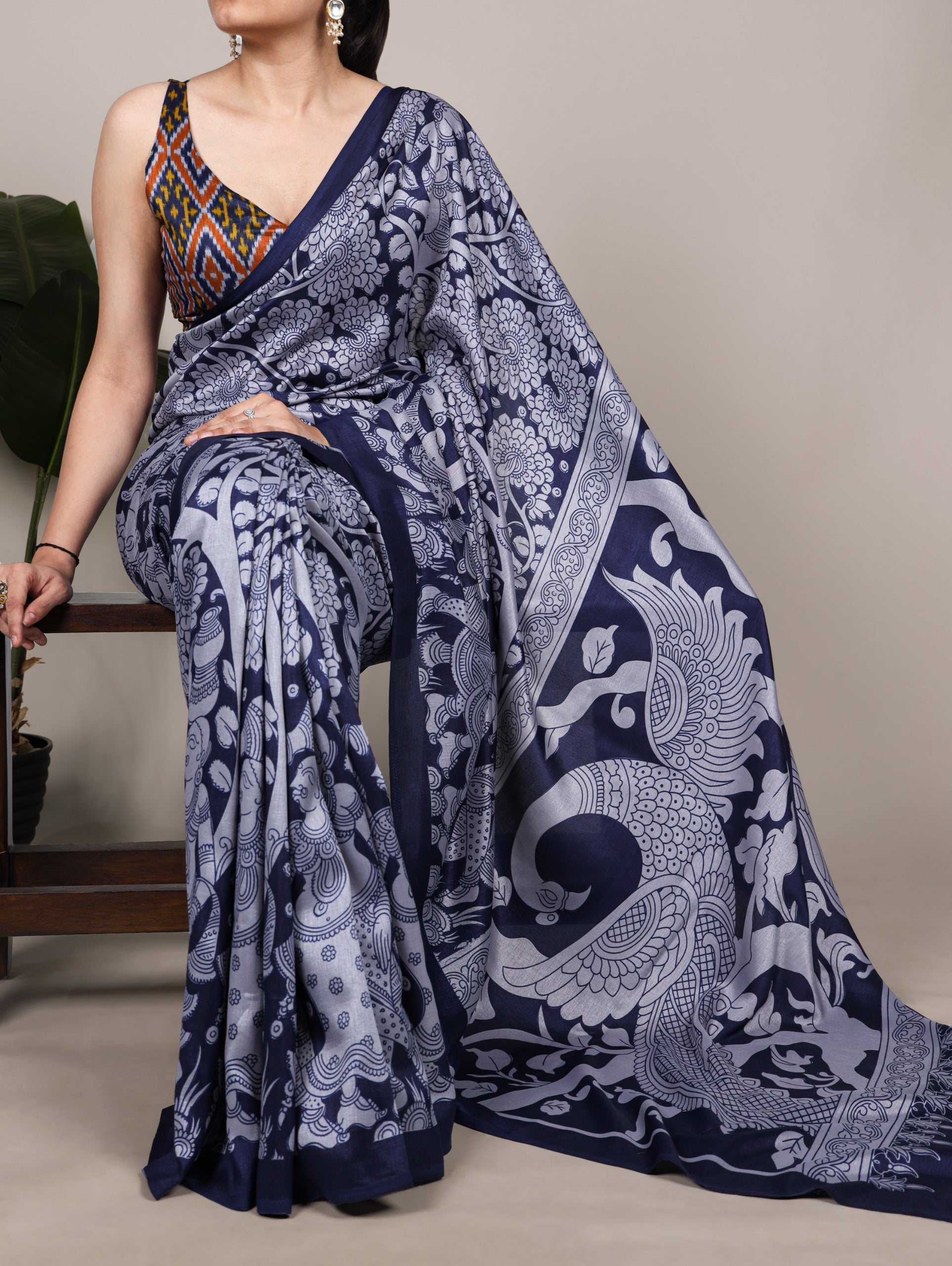 VIRANSHI-02 Tasar Silk Kalamkari Print Saree with Ikkat Print Blouse