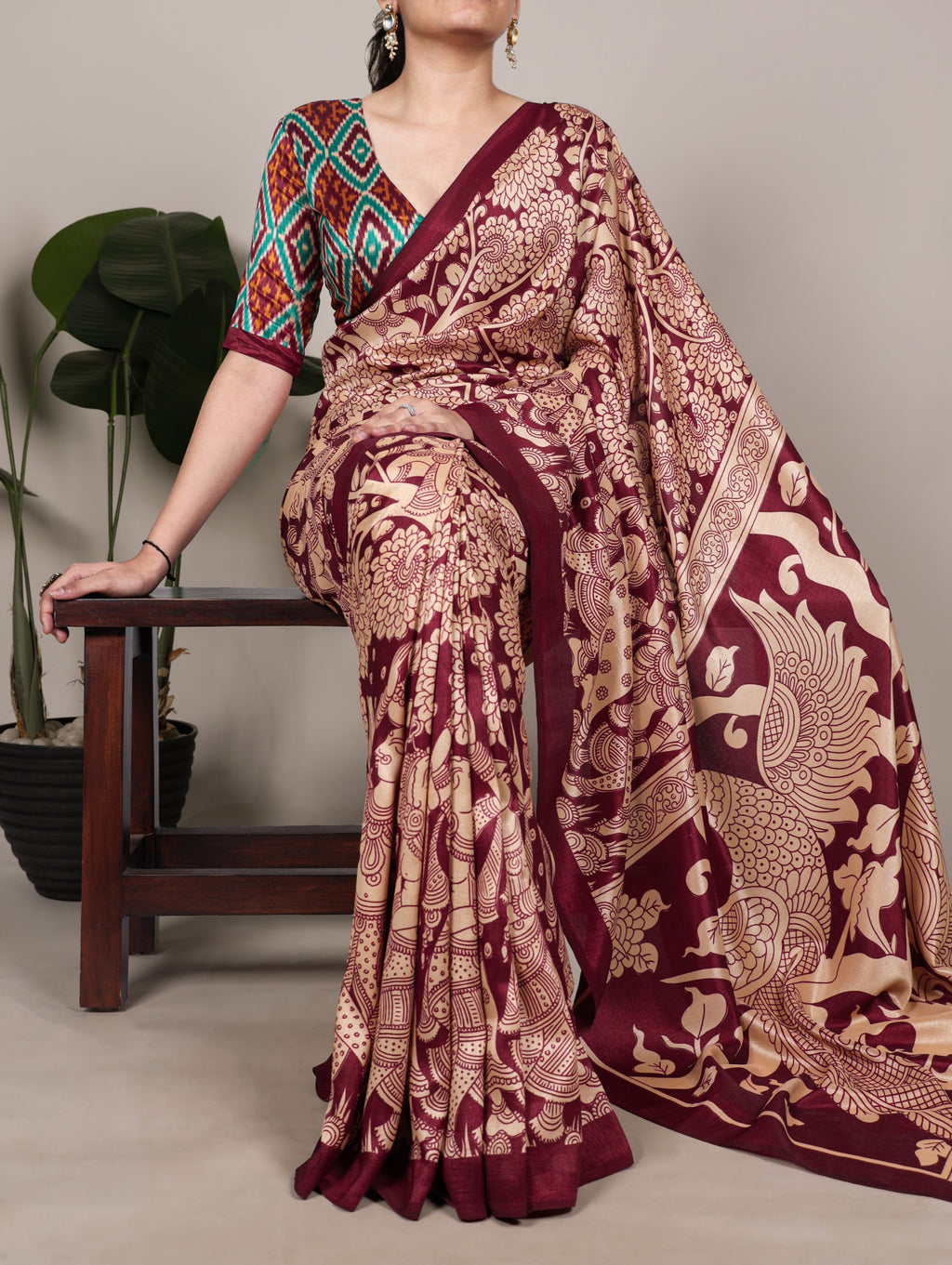 VIRANSHI-02 Tasar Silk Kalamkari Print Saree with Ikkat Print Blouse