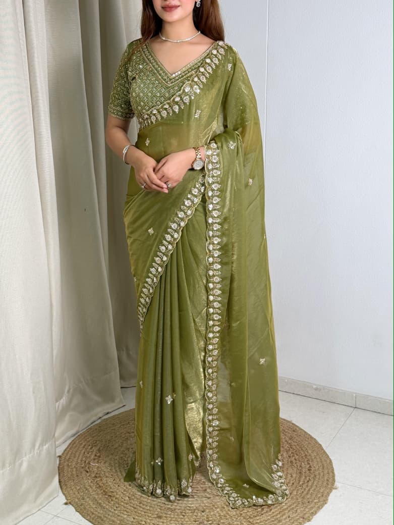 Olivea Fandy Satin Saree with Heavy Beads & Sequins Work