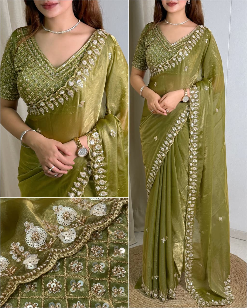 Olivea Fandy Satin Saree with Heavy Beads & Sequins Work