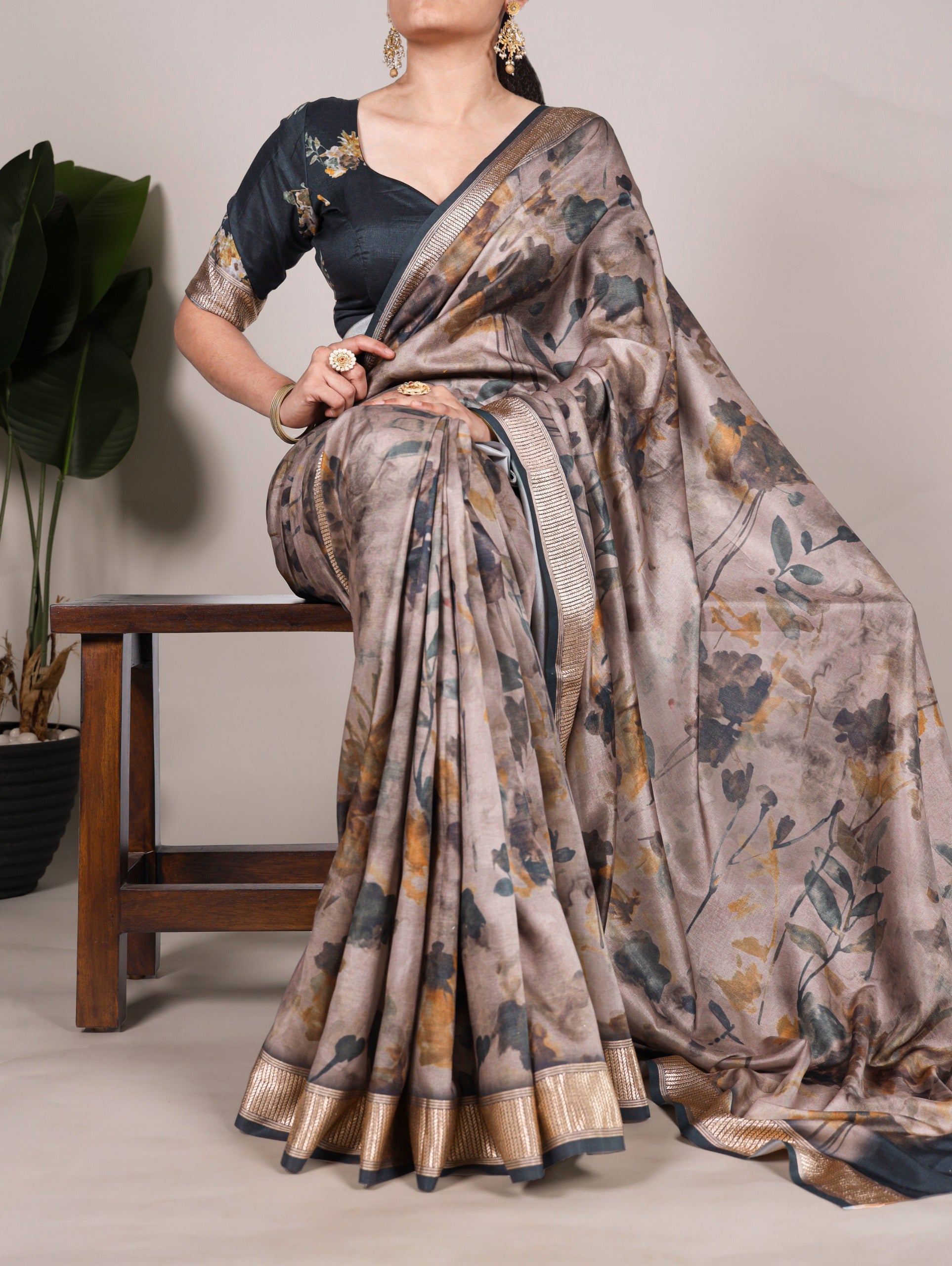 Tussar Silk Printed Saree with Viscose Border