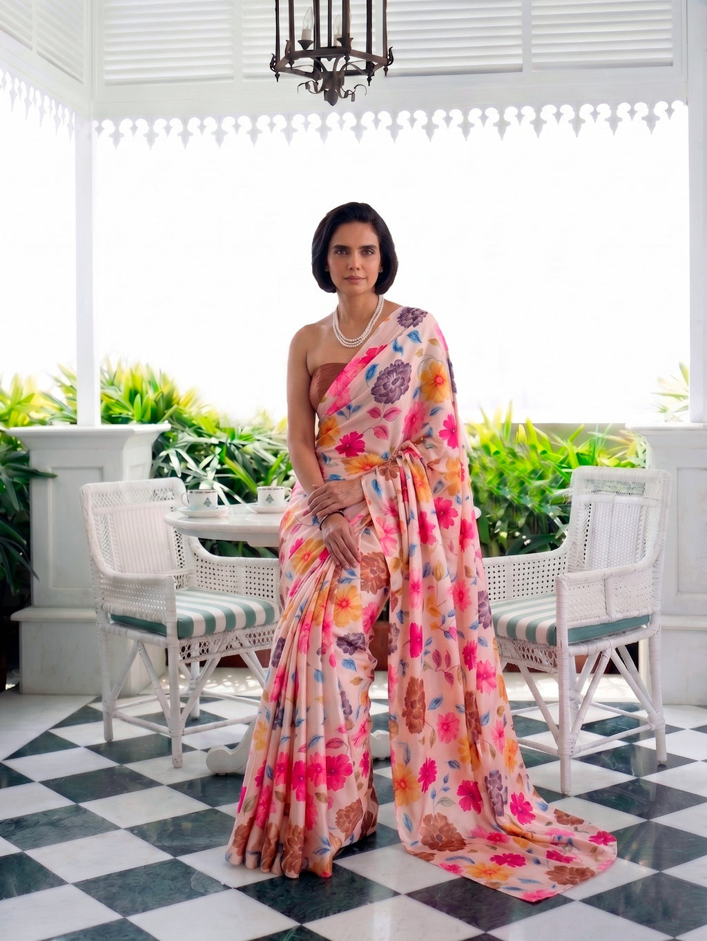 Peach Floral Satin Silk Saree