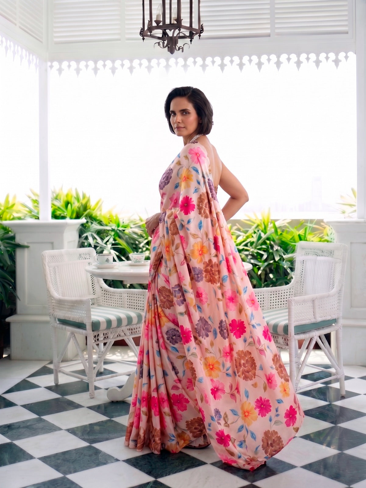 Peach Floral Satin Silk Saree