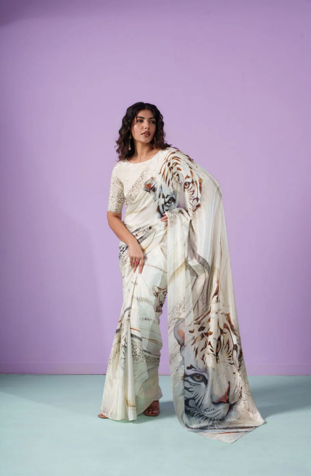 Ivory Floral Satin Saree