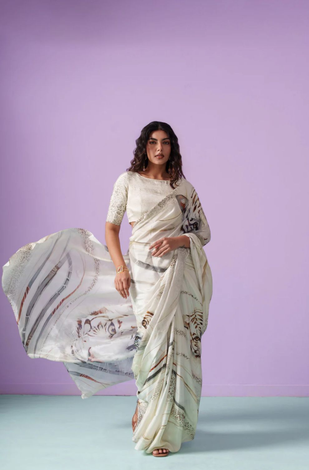 Ivory Floral Satin Saree