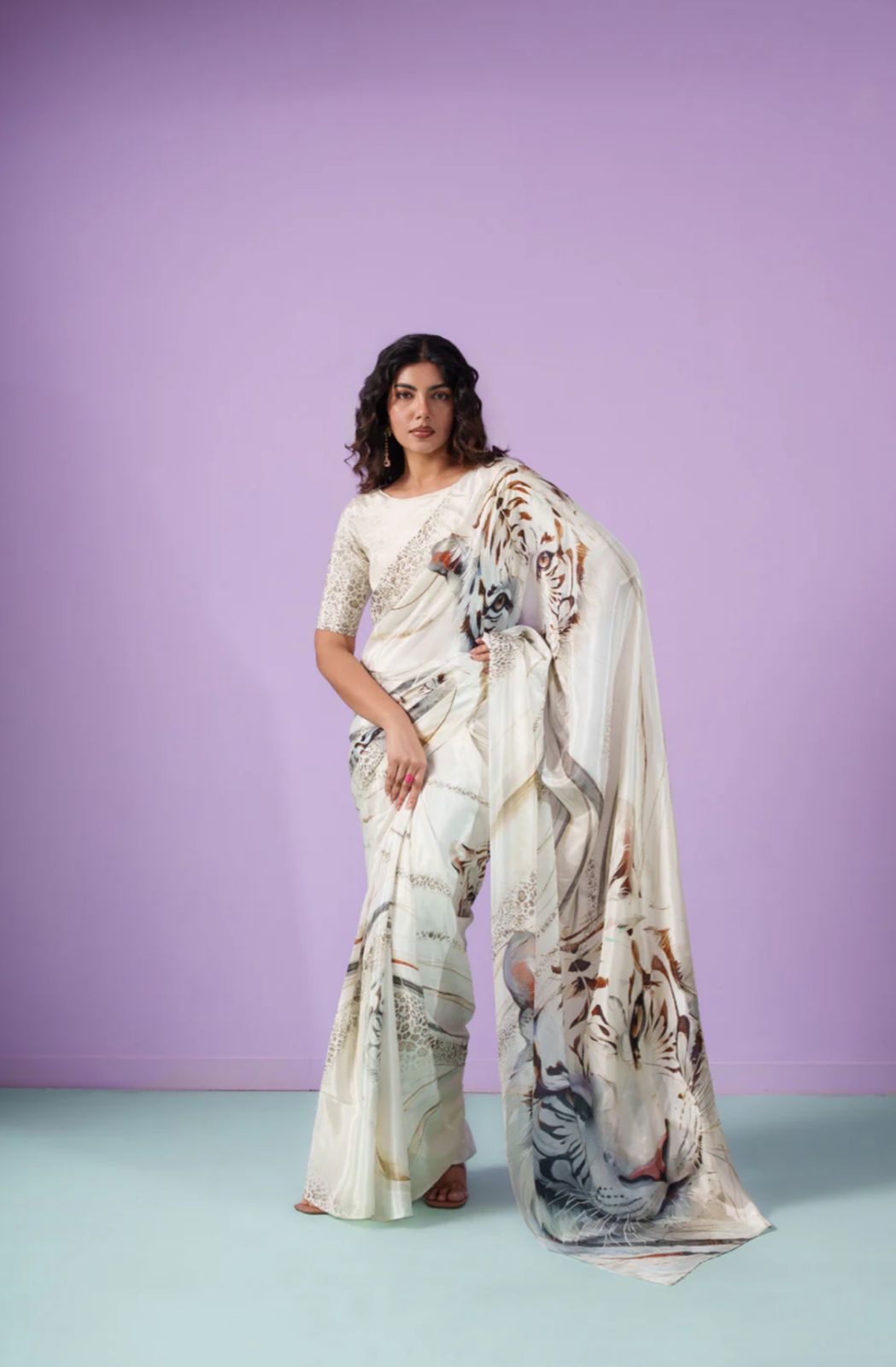 Ivory Floral Satin Saree