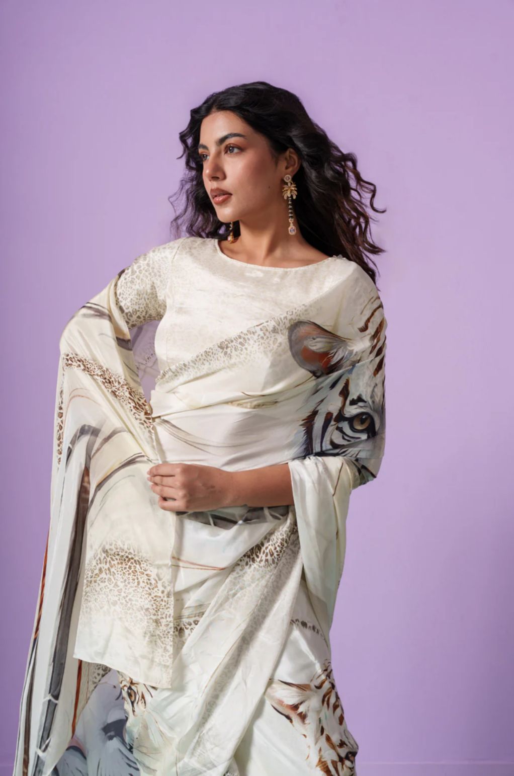 Ivory Floral Satin Saree