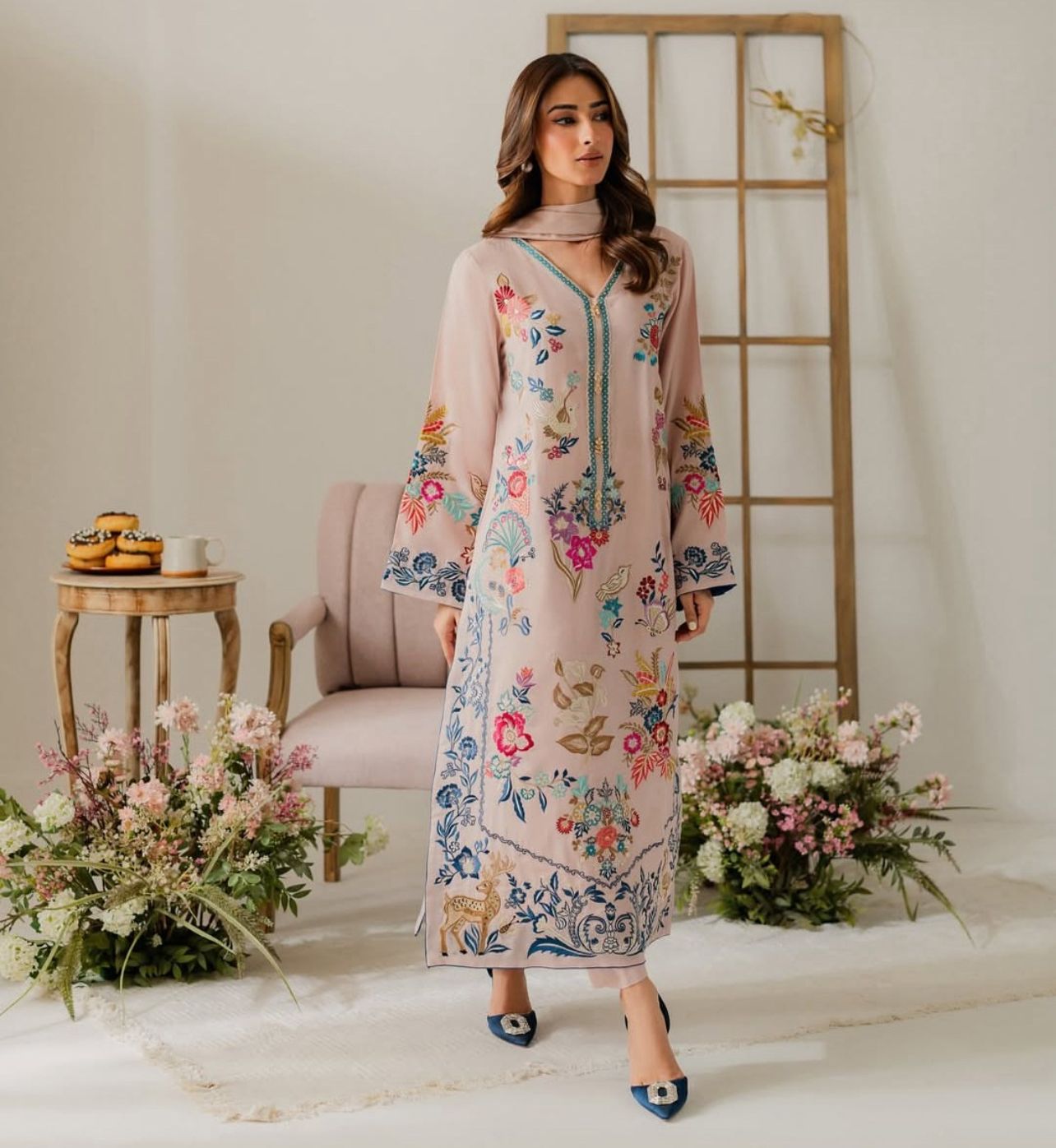 Women’s 3-Piece Printed Cotton Blend Suit Set | Kurta, Crepe Pants & Chiffon Dupatta