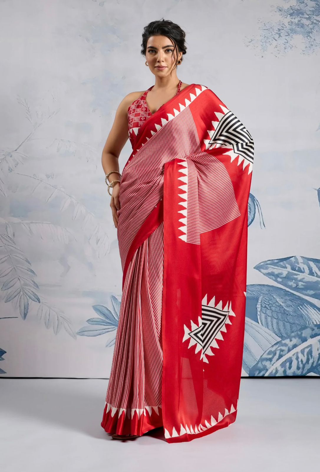 Printed Japan Satin Saree with Geometric Pallu – Party Wear & Festive Saree