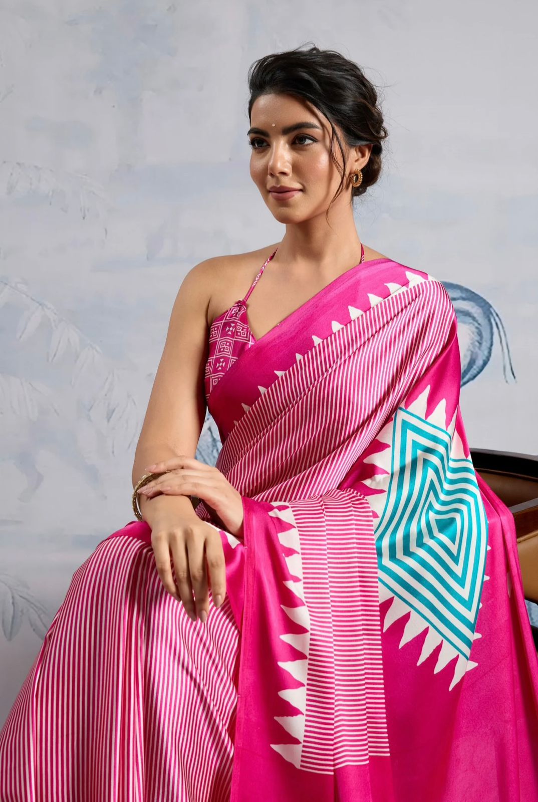 Printed Japan Satin Saree with Geometric Pallu – Party Wear & Festive Saree