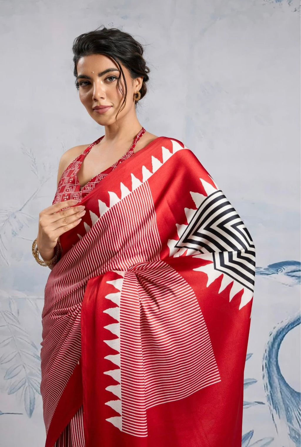 Printed Japan Satin Saree with Geometric Pallu – Party Wear & Festive Saree