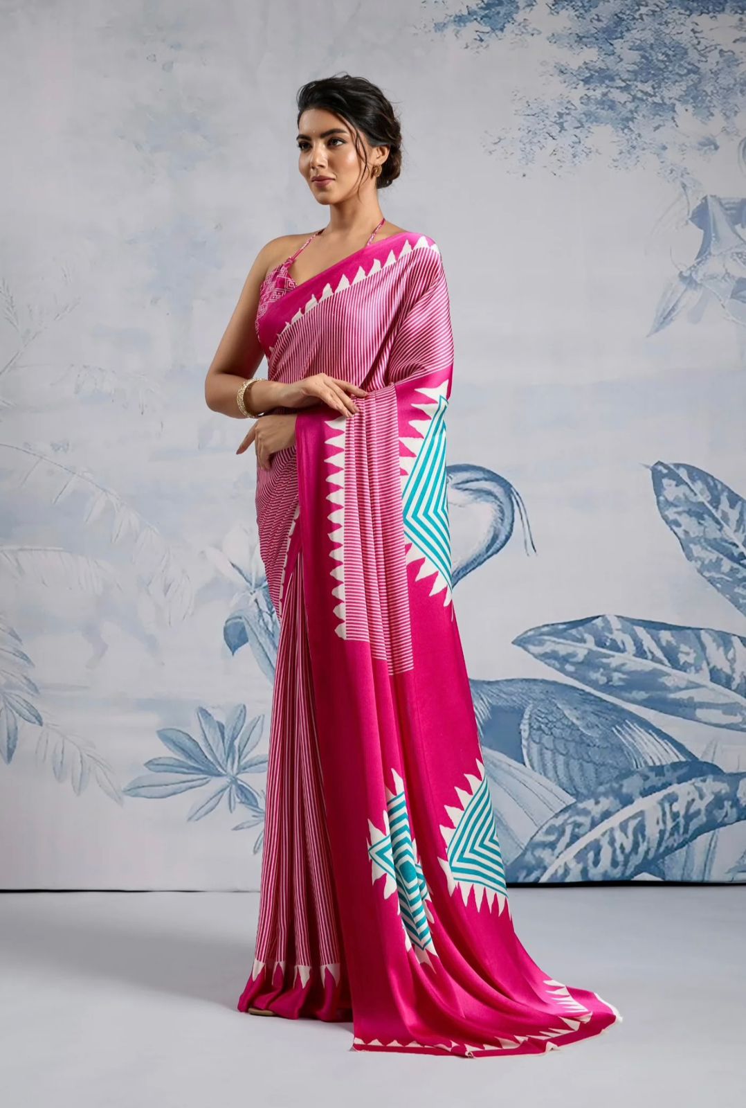 Printed Japan Satin Saree with Geometric Pallu – Party Wear & Festive Saree