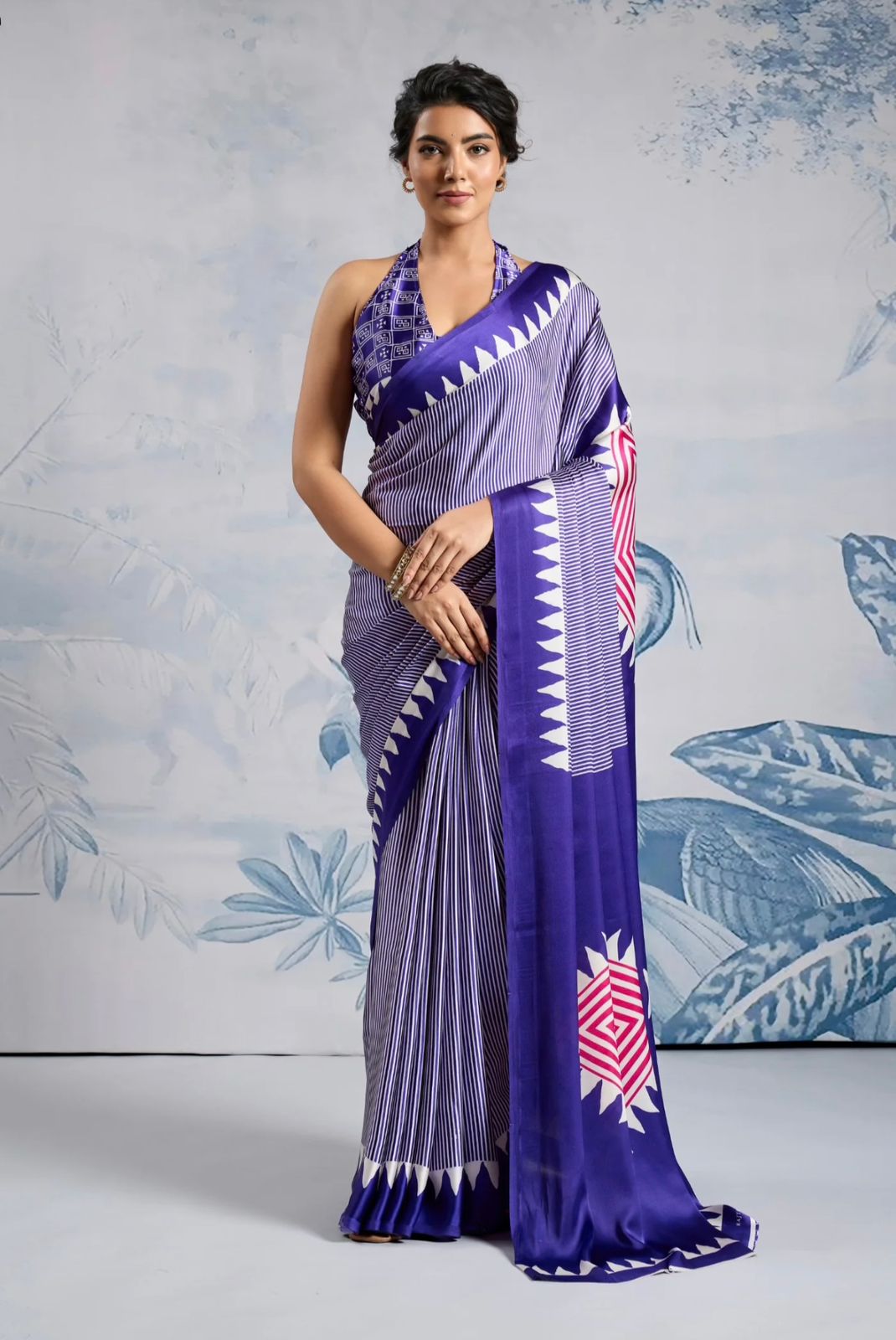 Printed Japan Satin Saree with Geometric Pallu – Party Wear & Festive Saree