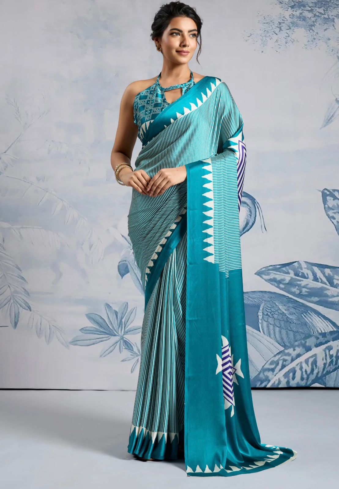 Printed Japan Satin Saree with Geometric Pallu – Party Wear & Festive Saree