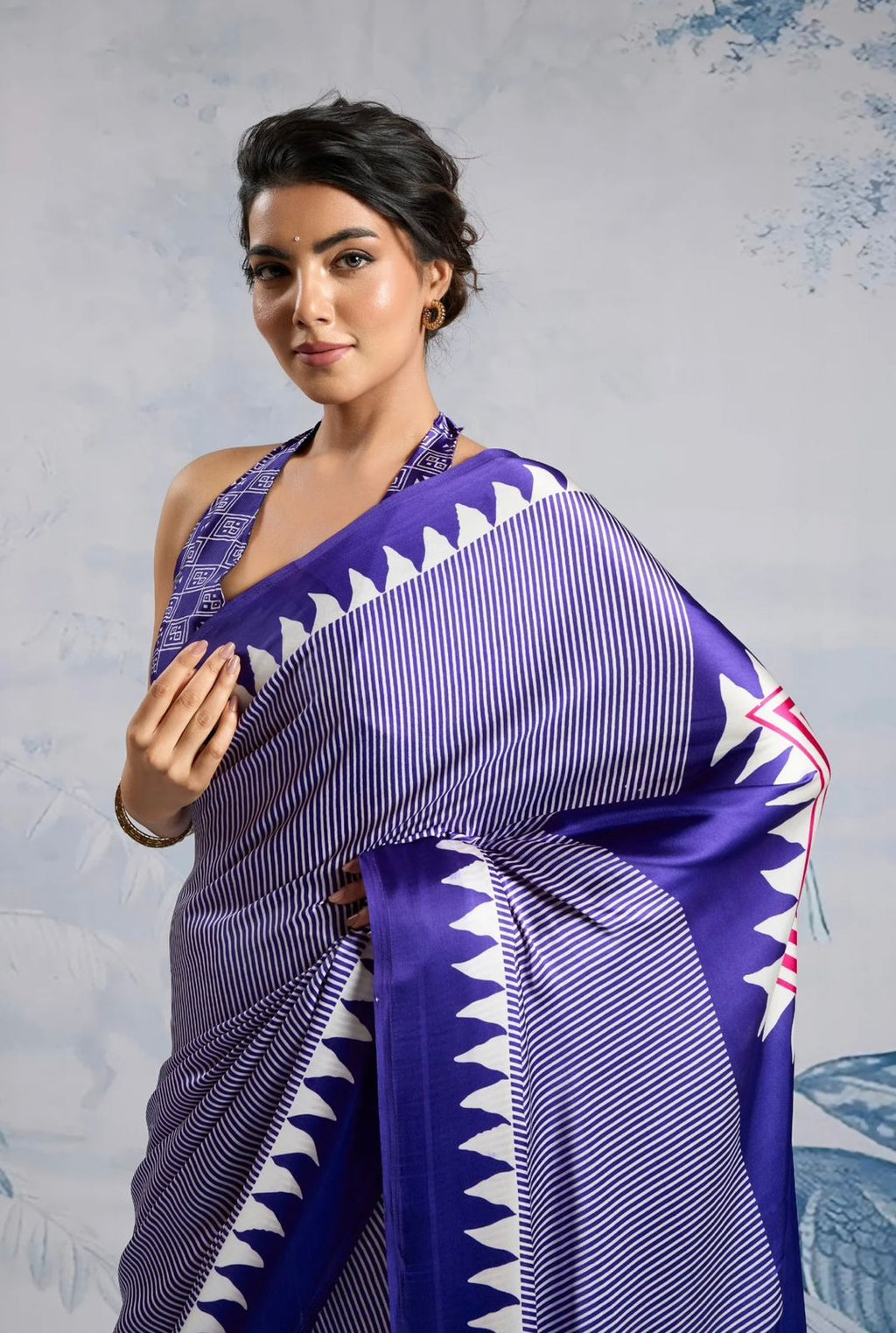Printed Japan Satin Saree with Geometric Pallu – Party Wear & Festive Saree