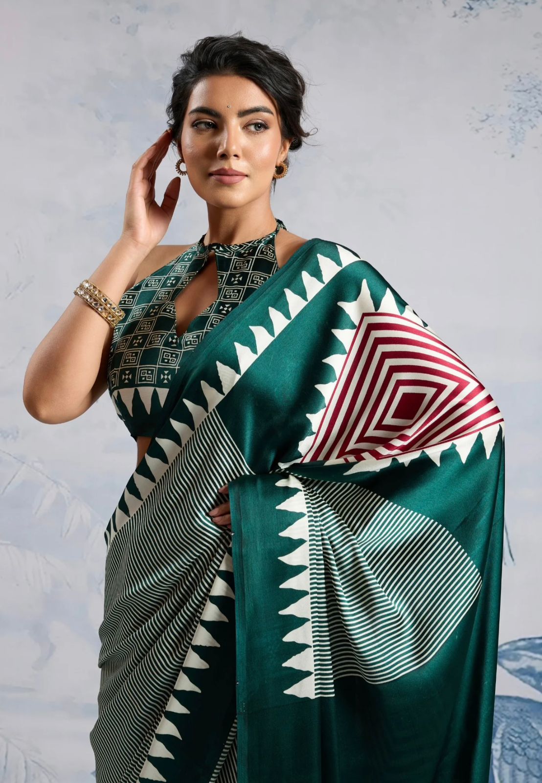 Printed Japan Satin Saree with Geometric Pallu – Party Wear & Festive Saree
