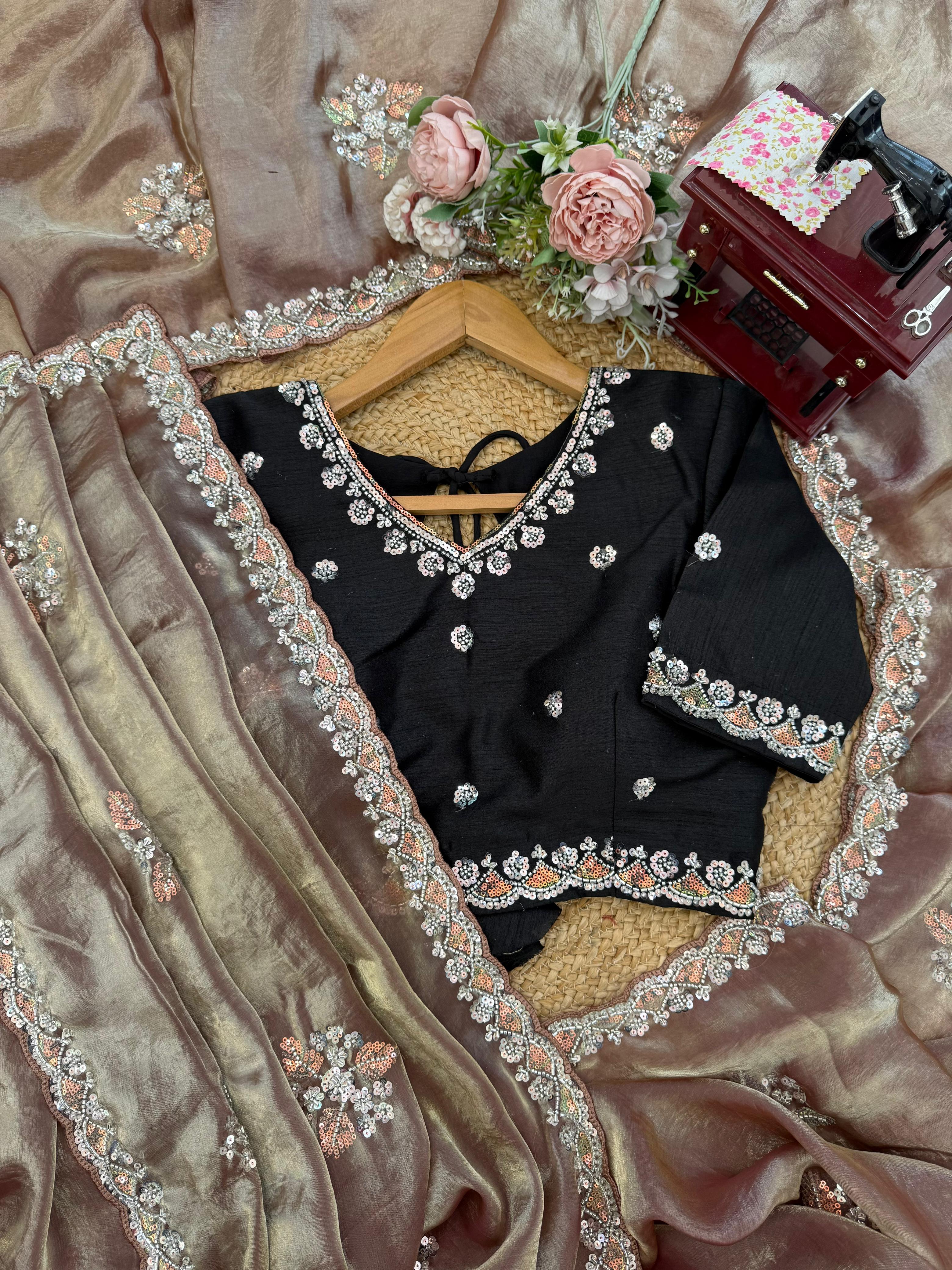 Dusty Rose Brown Fendy Silk Saree with Beads, Thread & Sequin Work | Mono Banglori Silk Blouse