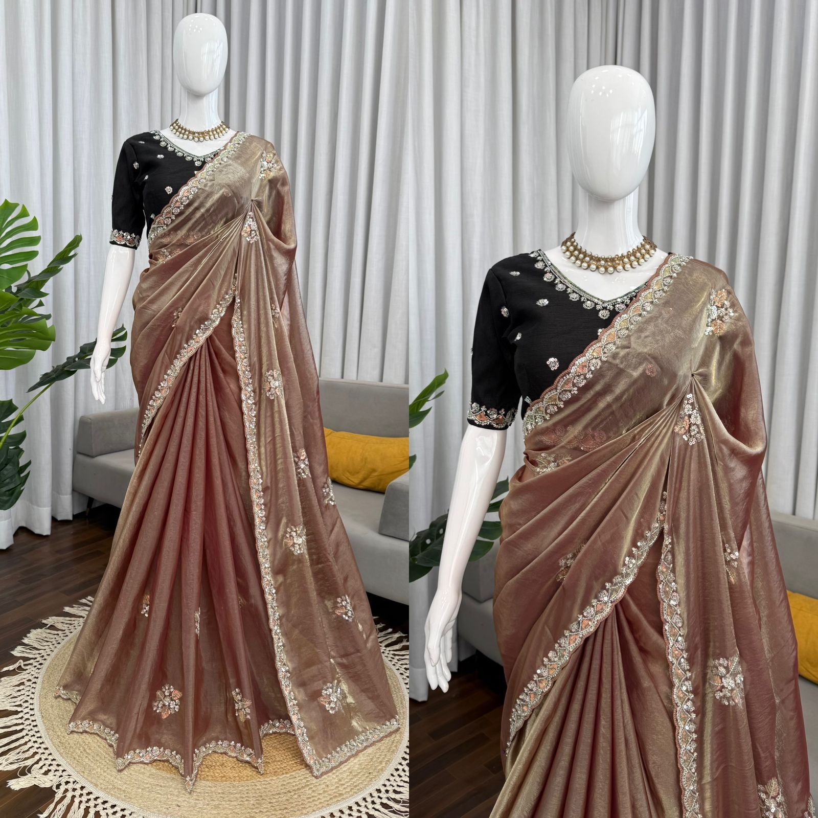 Dusty Rose Brown Fendy Silk Saree with Beads, Thread & Sequin Work | Mono Banglori Silk Blouse