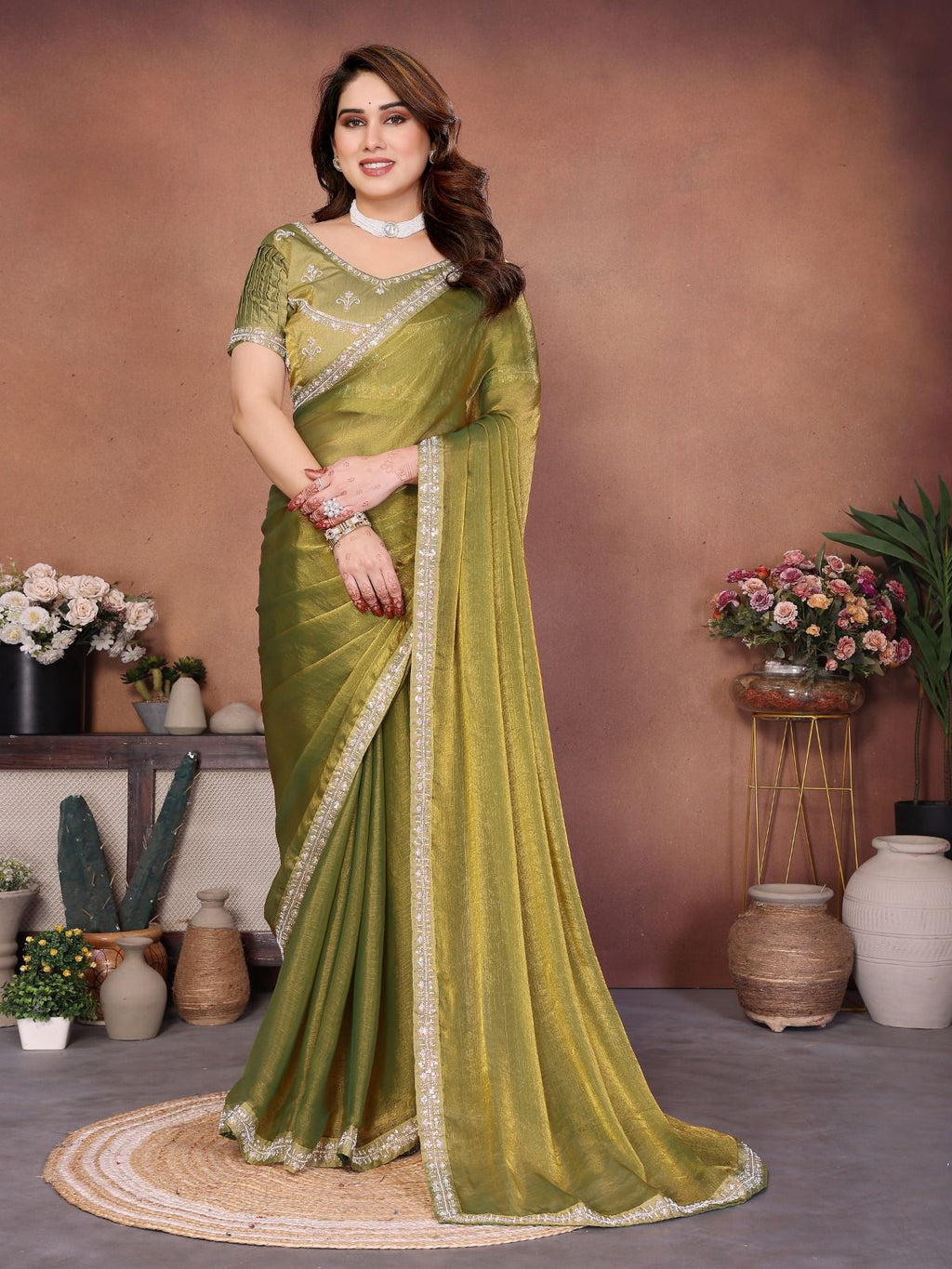 Beads Embroidery work lace border Party Wear Fendy Chiffon Saree