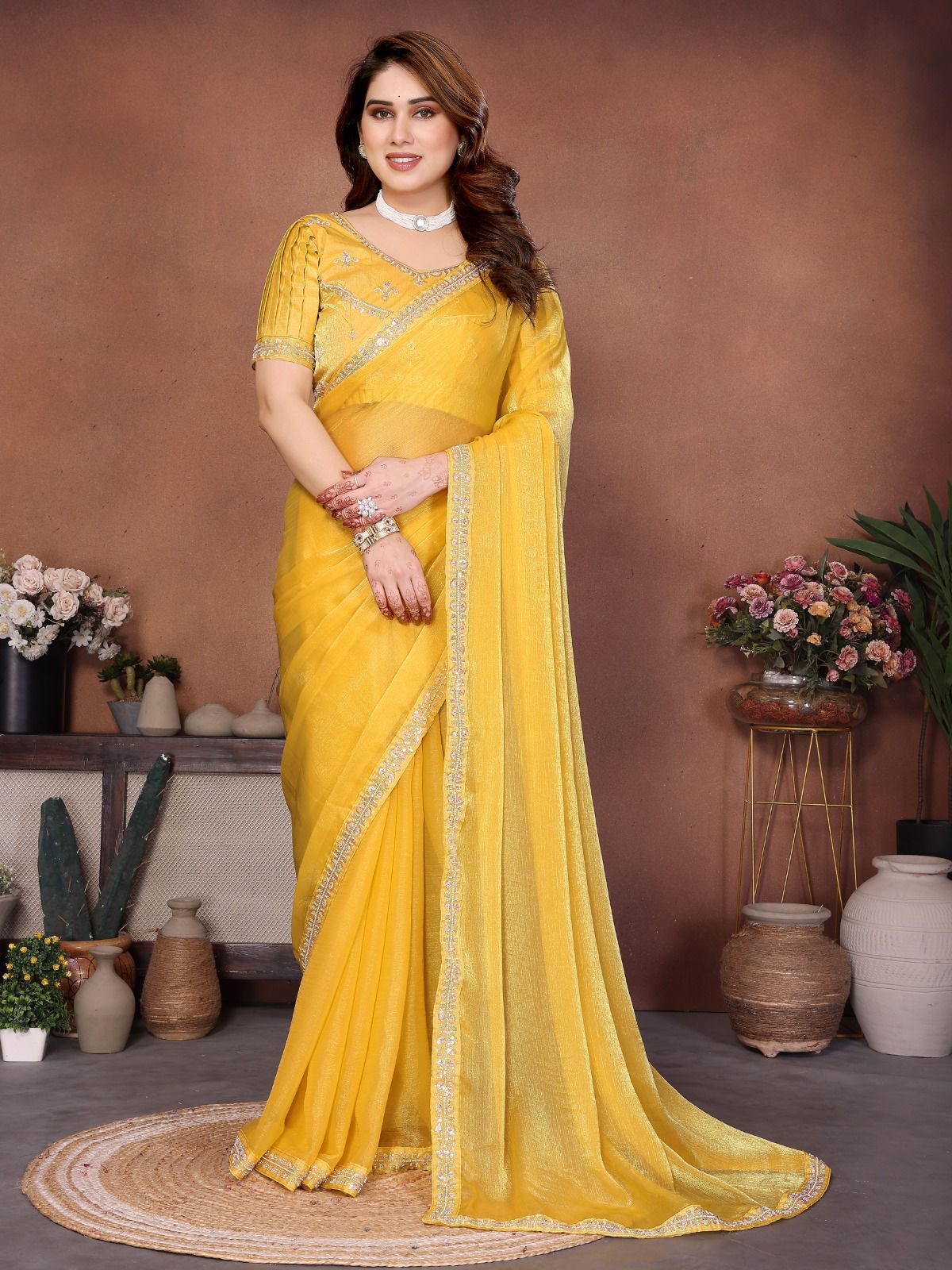 Beads Embroidery work lace border Party Wear Fendy Chiffon Saree