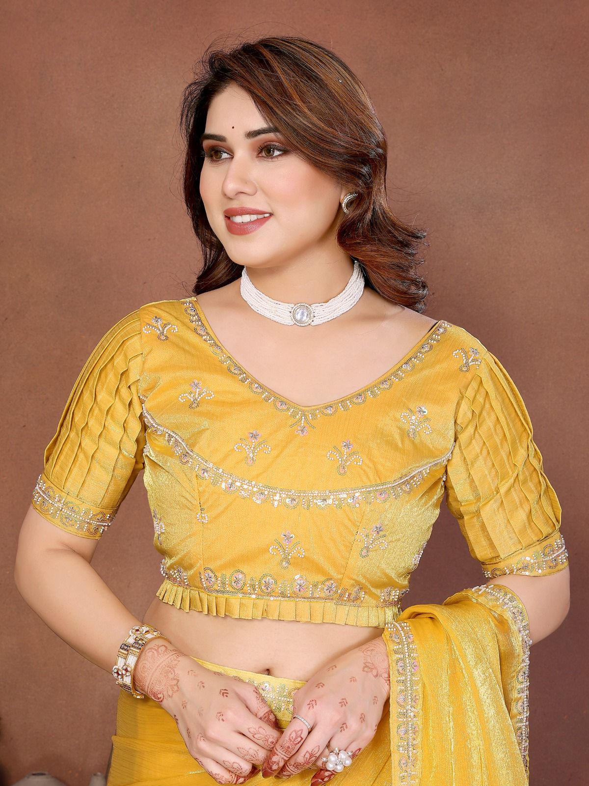 Beads Embroidery work lace border Party Wear Fendy Chiffon Saree