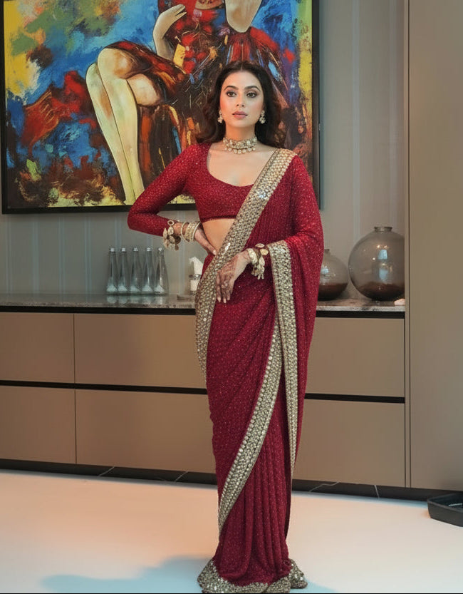 Maroon Heavy Georgette Saree with 3mm Sequin Embroidery & Mirror Lace Border
