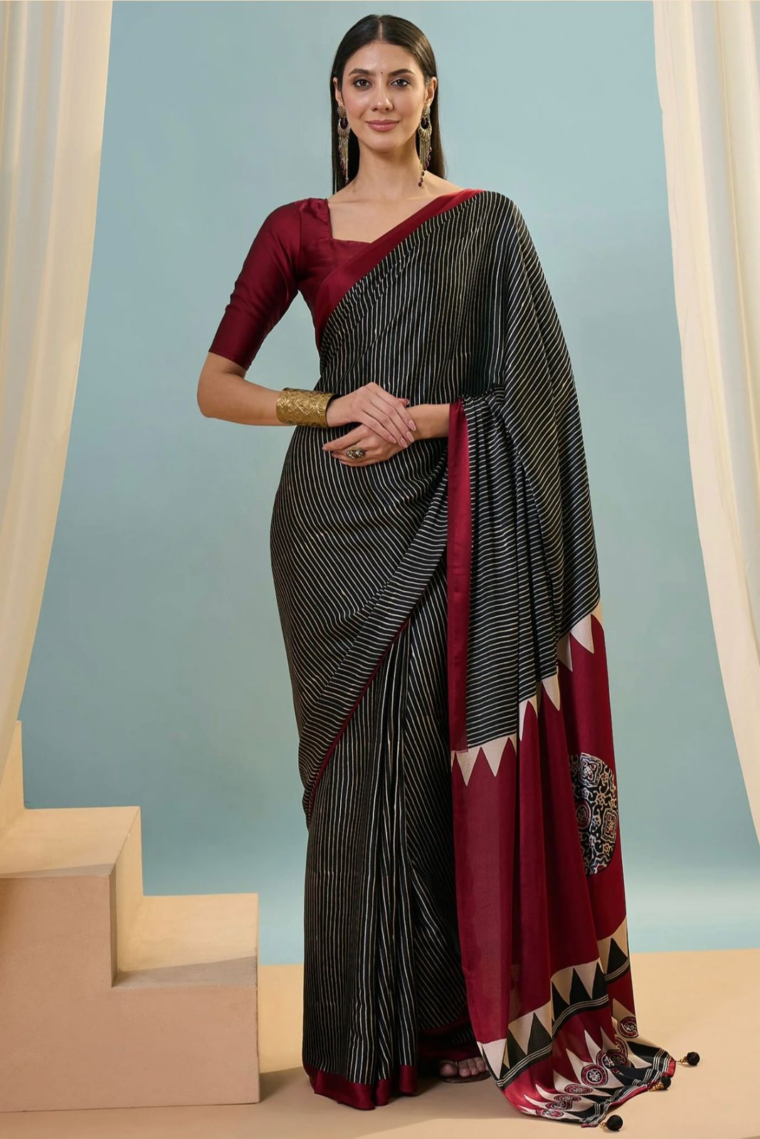 Modal Silk Saree with Magenta Border and Digital Print Blouse