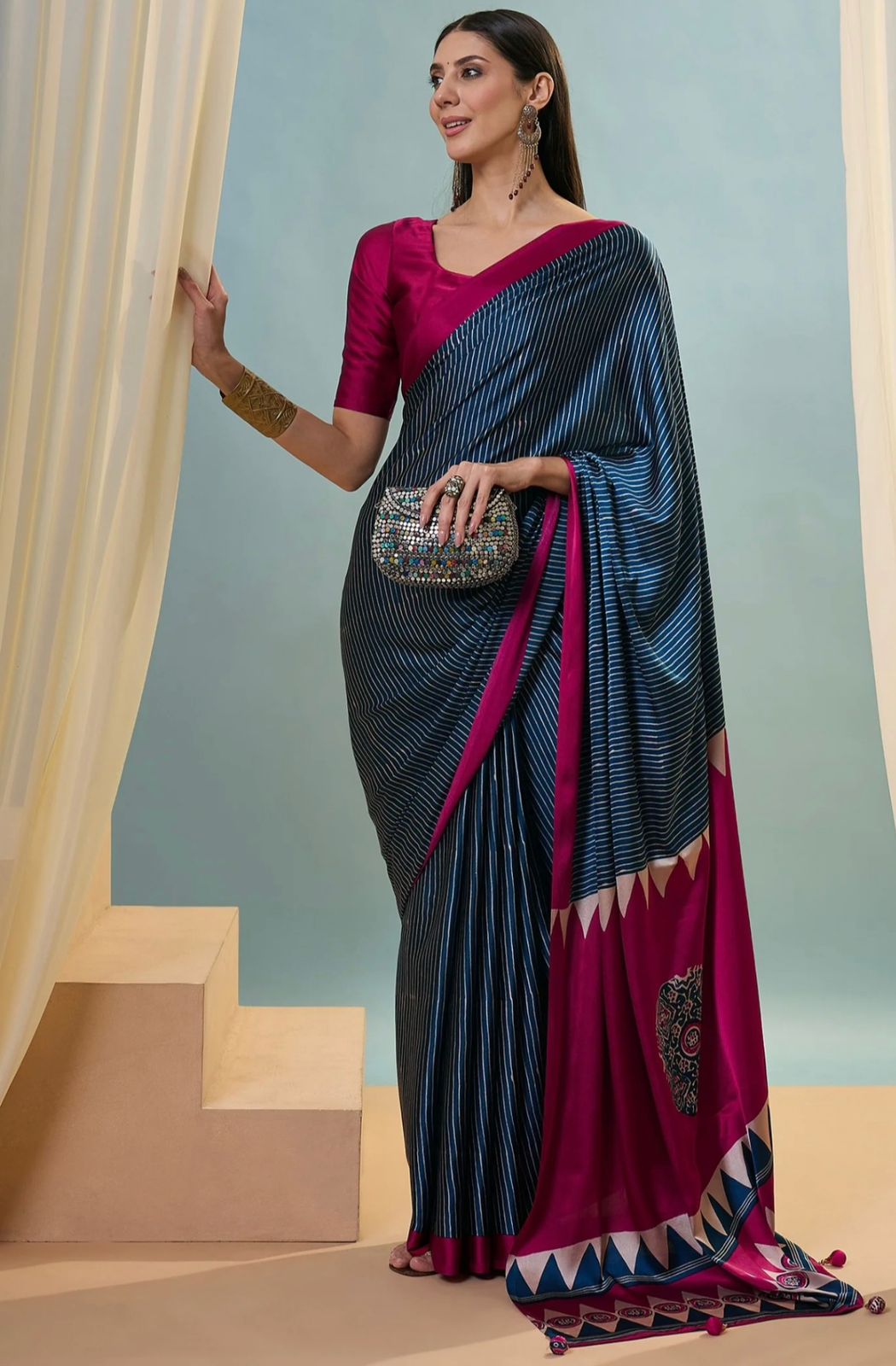 Modal Silk Saree with Magenta Border and Digital Print Blouse