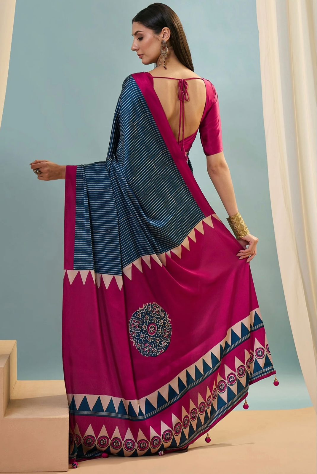 Modal Silk Saree with Magenta Border and Digital Print Blouse