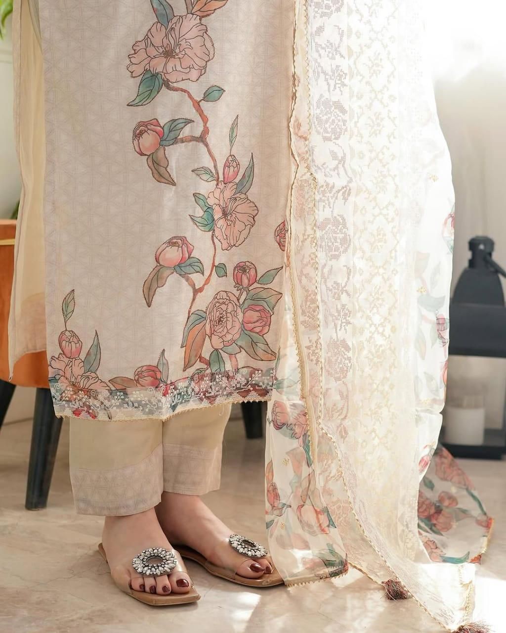 Cream Lilan Printed Full Work Suit Set with Dupatta