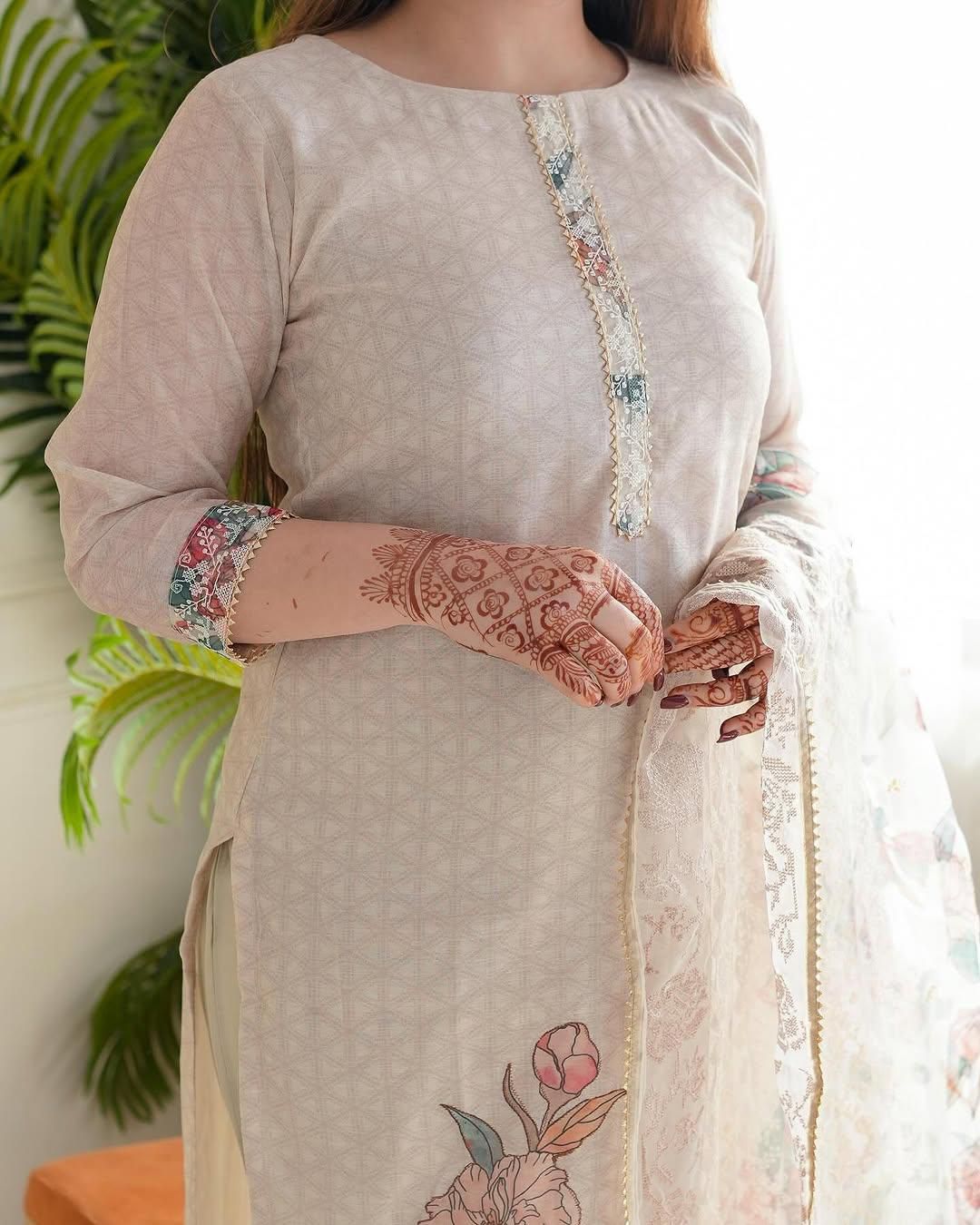 Cream Lilan Printed Full Work Suit Set with Dupatta