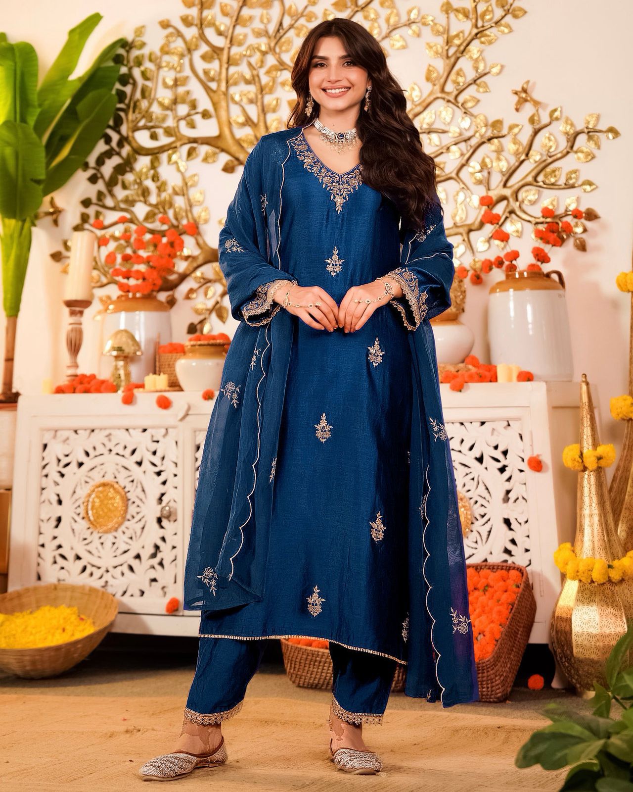 Vichhitra Silk Embroidered Kurta Pant Set with Dupatta