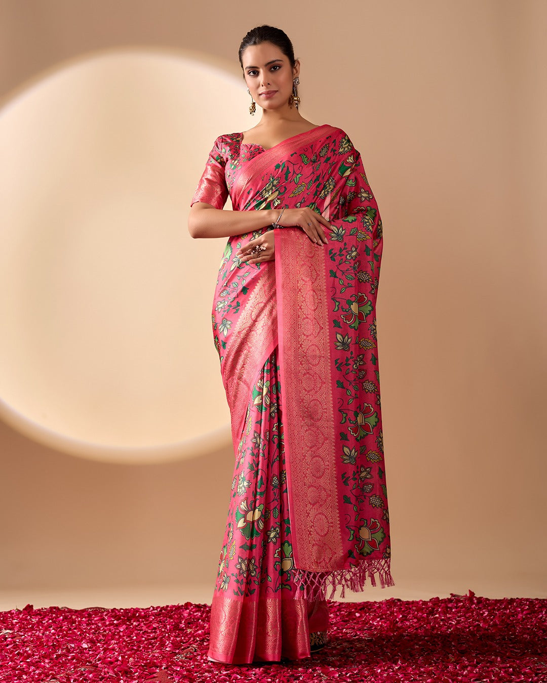 Pink Lichi Silk Saree with Floral Digital Print & Zari Border | Festive Wear Saree with Contrast Blouse