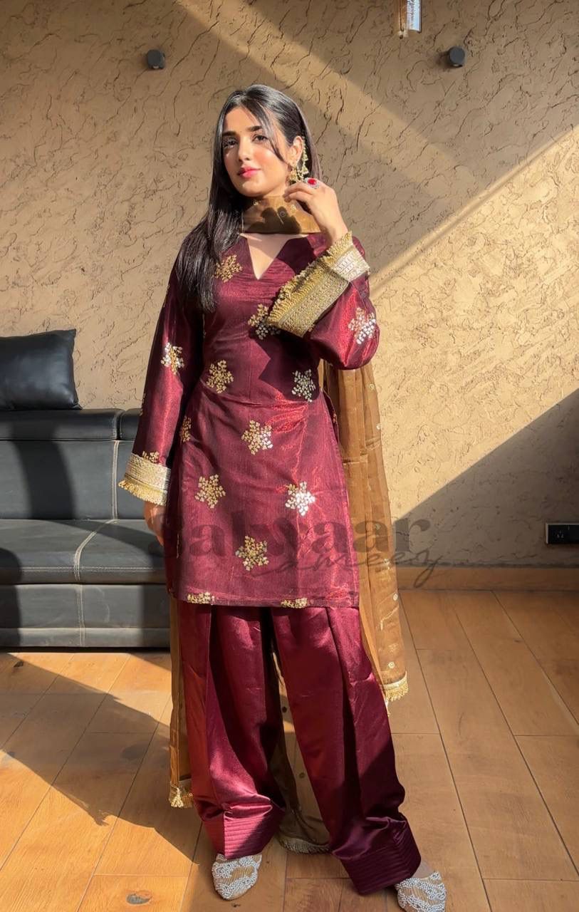 Wine Maroon Natural Crepe Silk Kurta Palazzo Set with Tissue Silk Dupatta