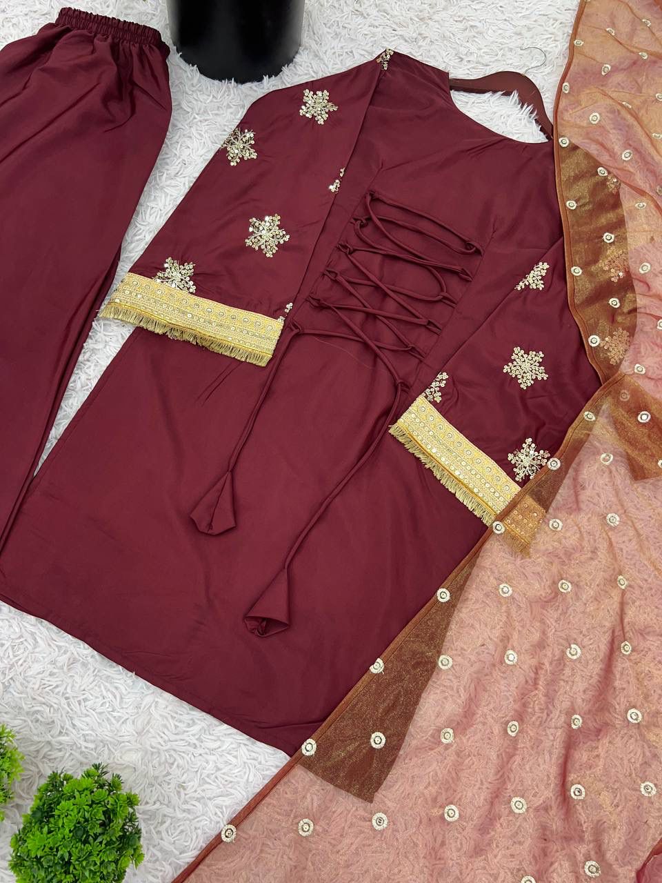 Wine Maroon Natural Crepe Silk Kurta Palazzo Set with Tissue Silk Dupatta