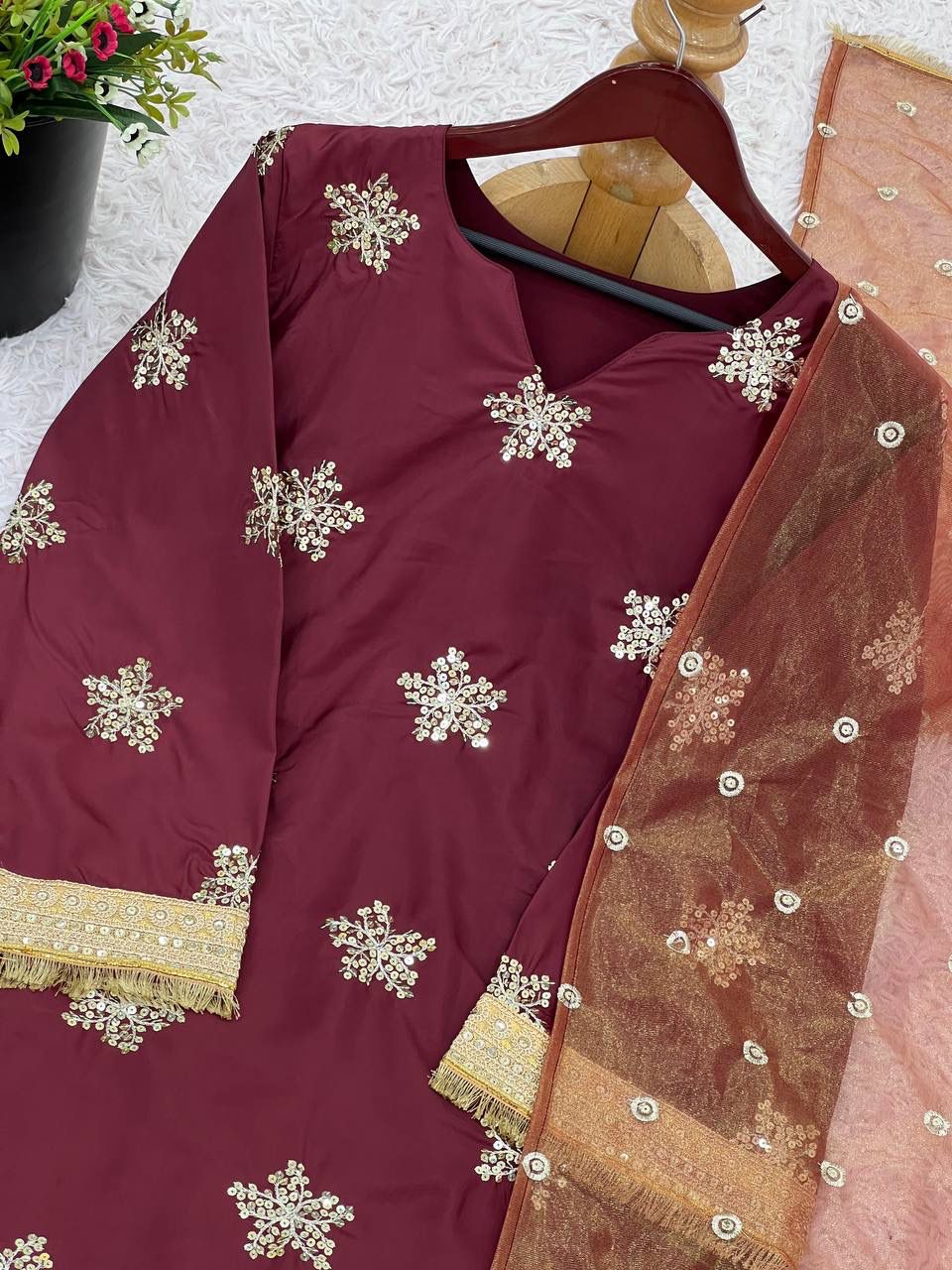 Wine Maroon Natural Crepe Silk Kurta Palazzo Set with Tissue Silk Dupatta