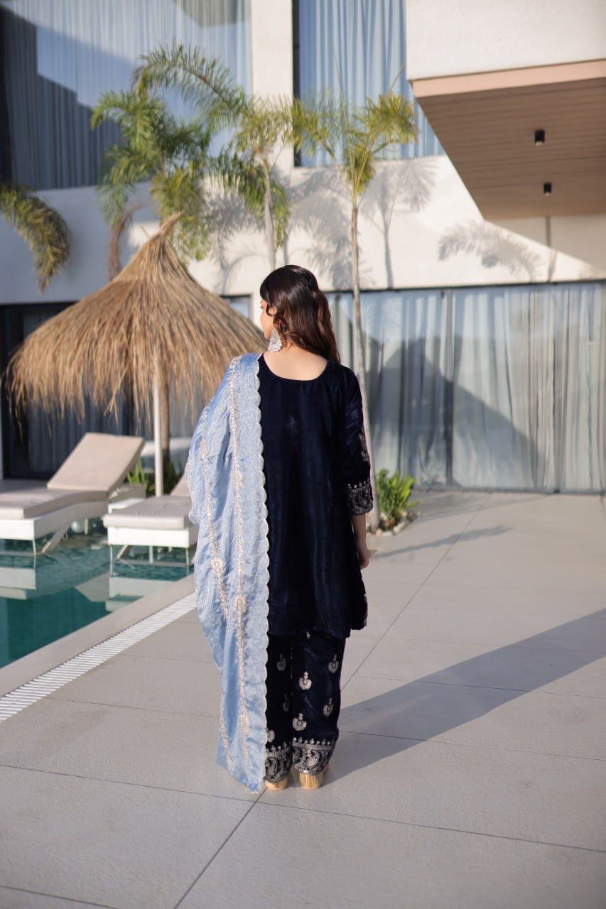 Navy Blue 9000 Velvet Rich Zari Embroidered Top Pant Set with Fendi Dupatta